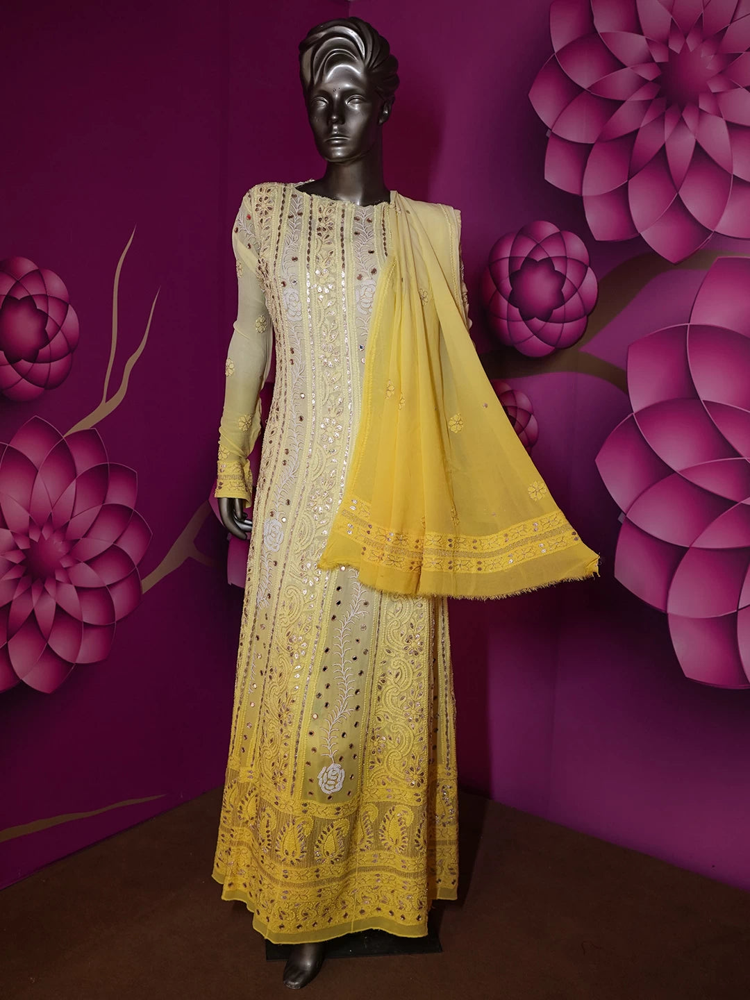 Ada Hand Embroidered Lemon And Yellow Ombre shade Georgette Lucknowi Chikankari Semi-Stitched Anarkali Kurta Dupatta Set With Zari Work 01A370830