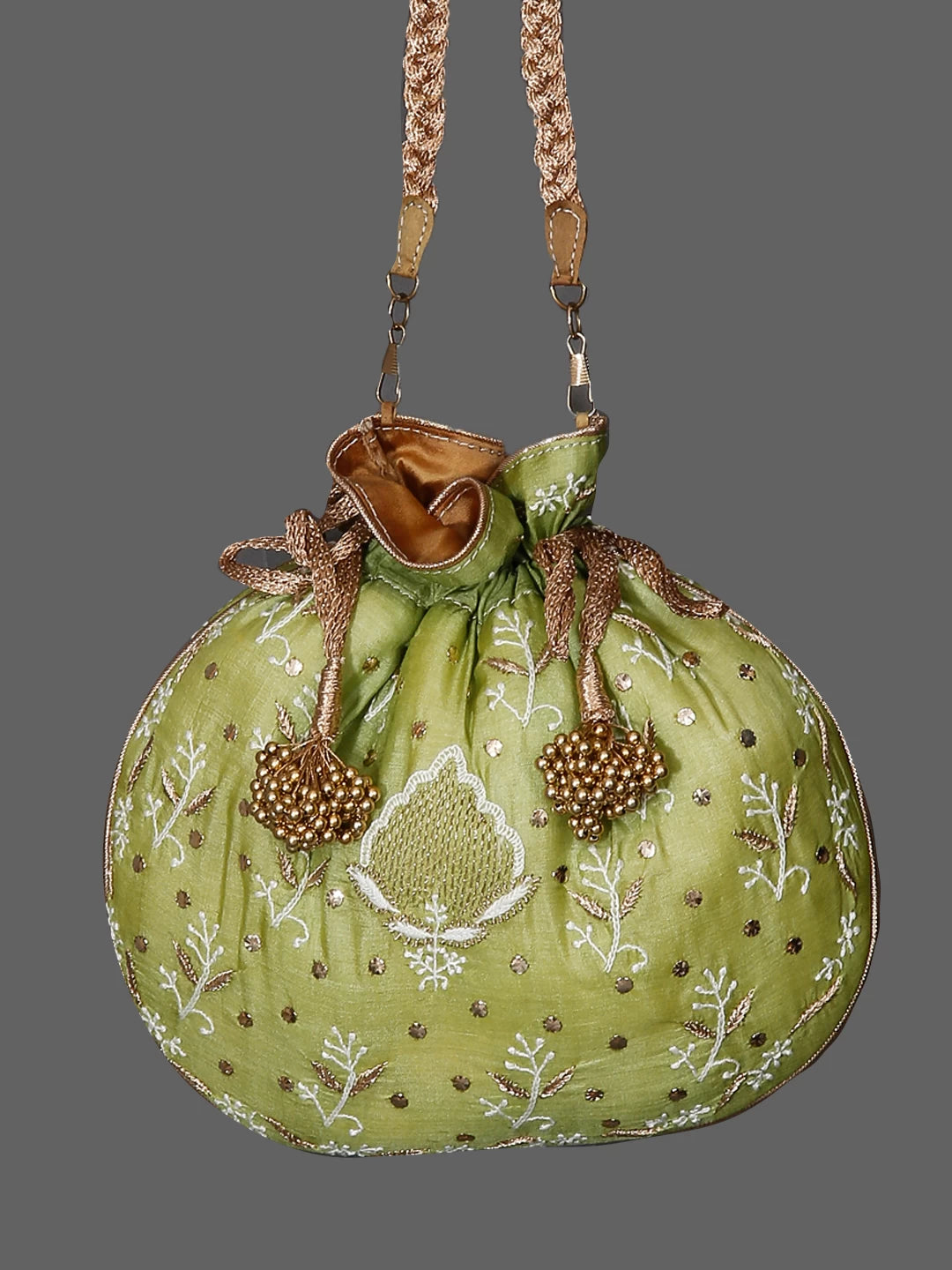 Ada Hand Embroidered Green Silk Lucknowi Chikankari Potli Bag With Muqaish Work 01A231199