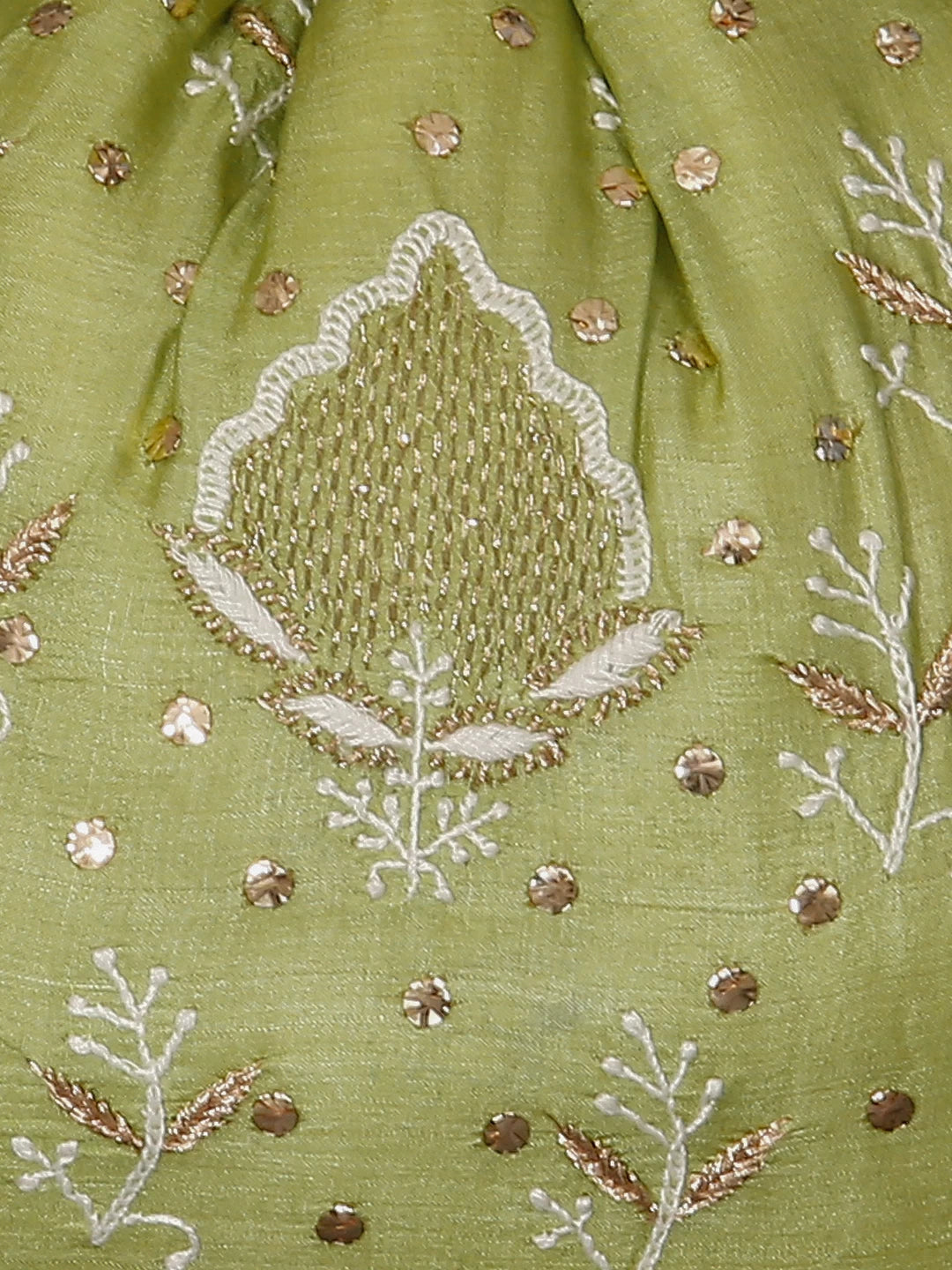 Ada Hand Embroidered Green Silk Lucknowi Chikankari Potli Bag With Muqaish Work 01A231199