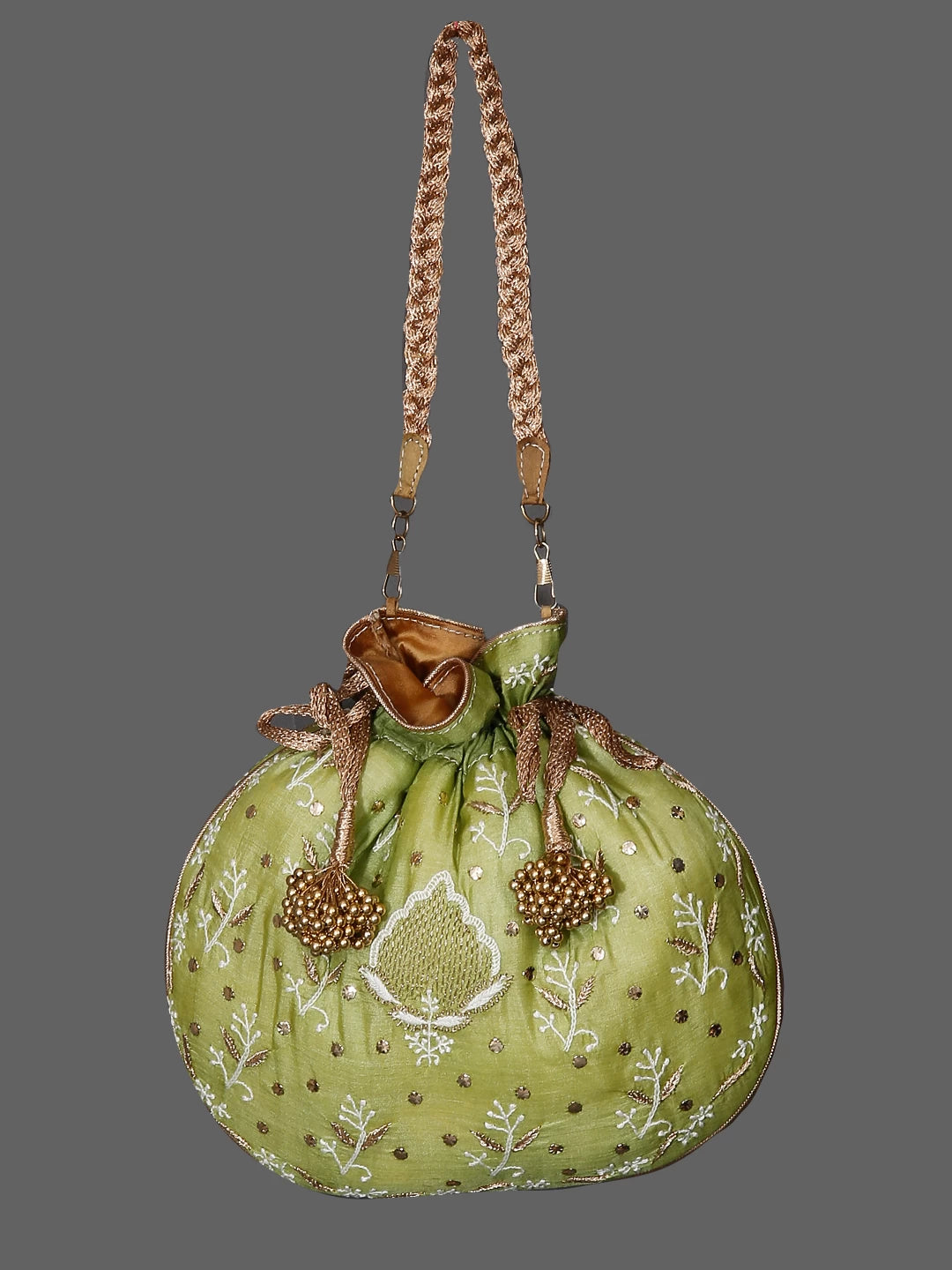 Ada Hand Embroidered Green Silk Lucknowi Chikankari Potli Bag With Muqaish Work 01A231199