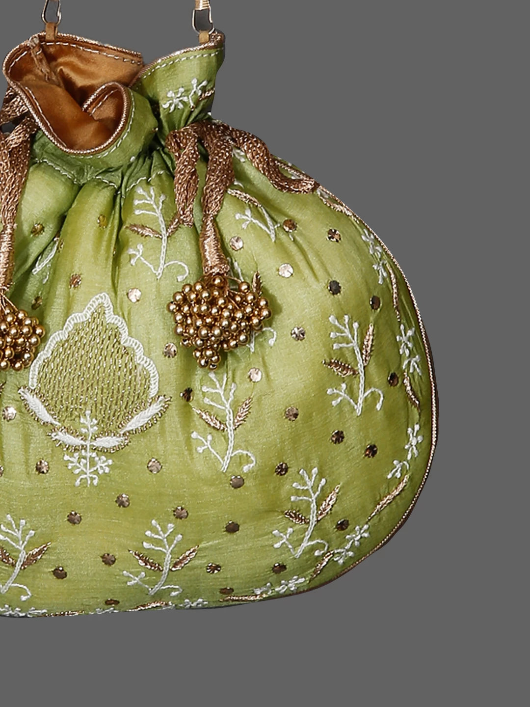 Ada Hand Embroidered Green Silk Lucknowi Chikankari Potli Bag With Muqaish Work 01A231199
