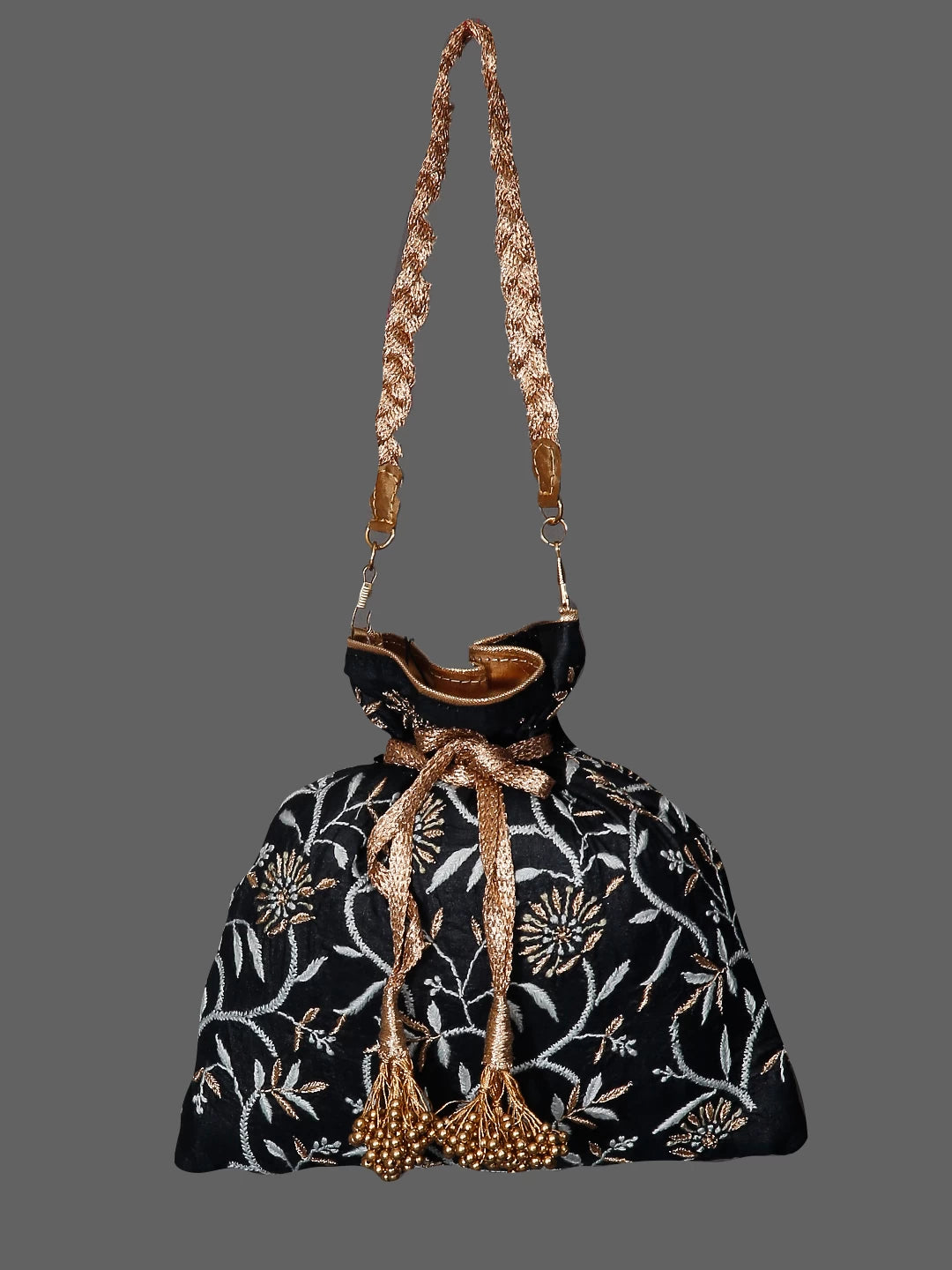 Ada Hand Embroidered Black Silk Lucknowi Chikankari Potli Bag With Zari Work 01A381857