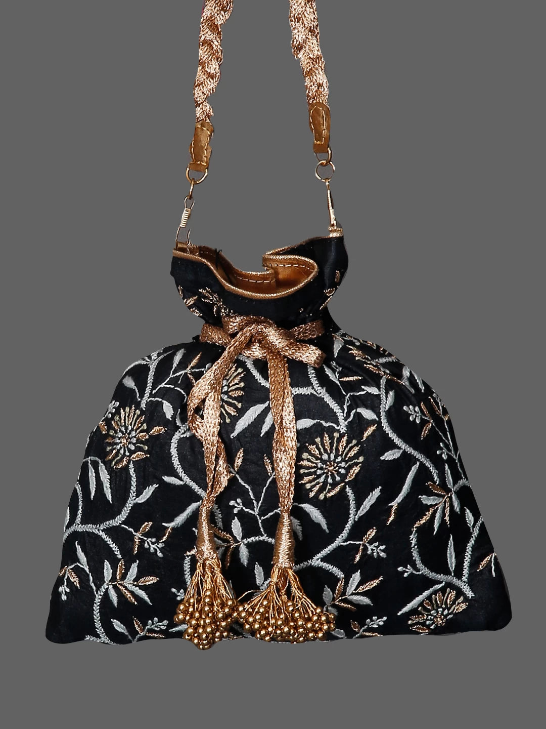 Ada Hand Embroidered Black Silk Lucknowi Chikankari Potli Bag With Zari Work 01A381857
