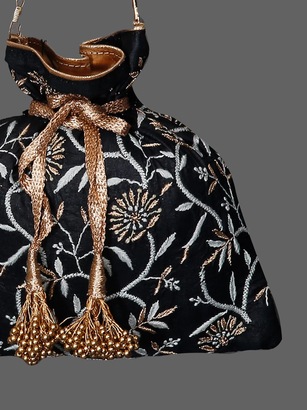 Ada Hand Embroidered Black Silk Lucknowi Chikankari Potli Bag With Zari Work 01A381857