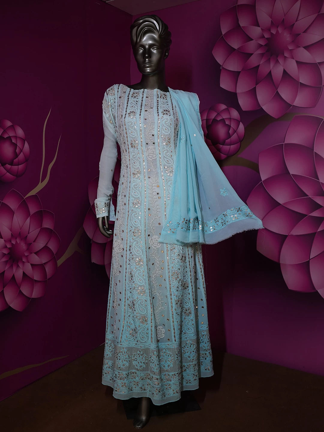 Ada Hand Embroidered Blue Ombre shade Georgette Lucknowi Chikankari Semi-Stitched Anarkali Kurta Dupatta Set With Zari Work 01A370833