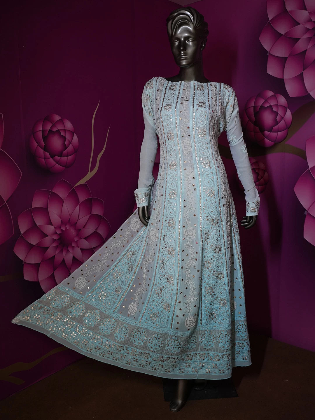 Ada Hand Embroidered Blue Ombre shade Georgette Lucknowi Chikankari Semi-Stitched Anarkali Kurta Dupatta Set With Zari Work 01A370833
