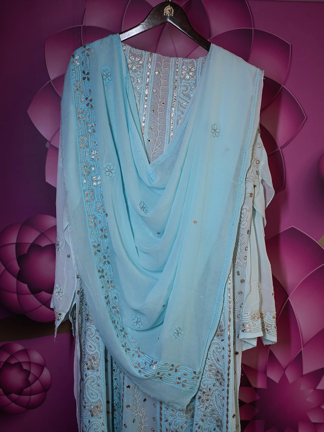 Ada Hand Embroidered Blue Ombre shade Georgette Lucknowi Chikankari Semi-Stitched Anarkali Kurta Dupatta Set With Zari Work 01A370833