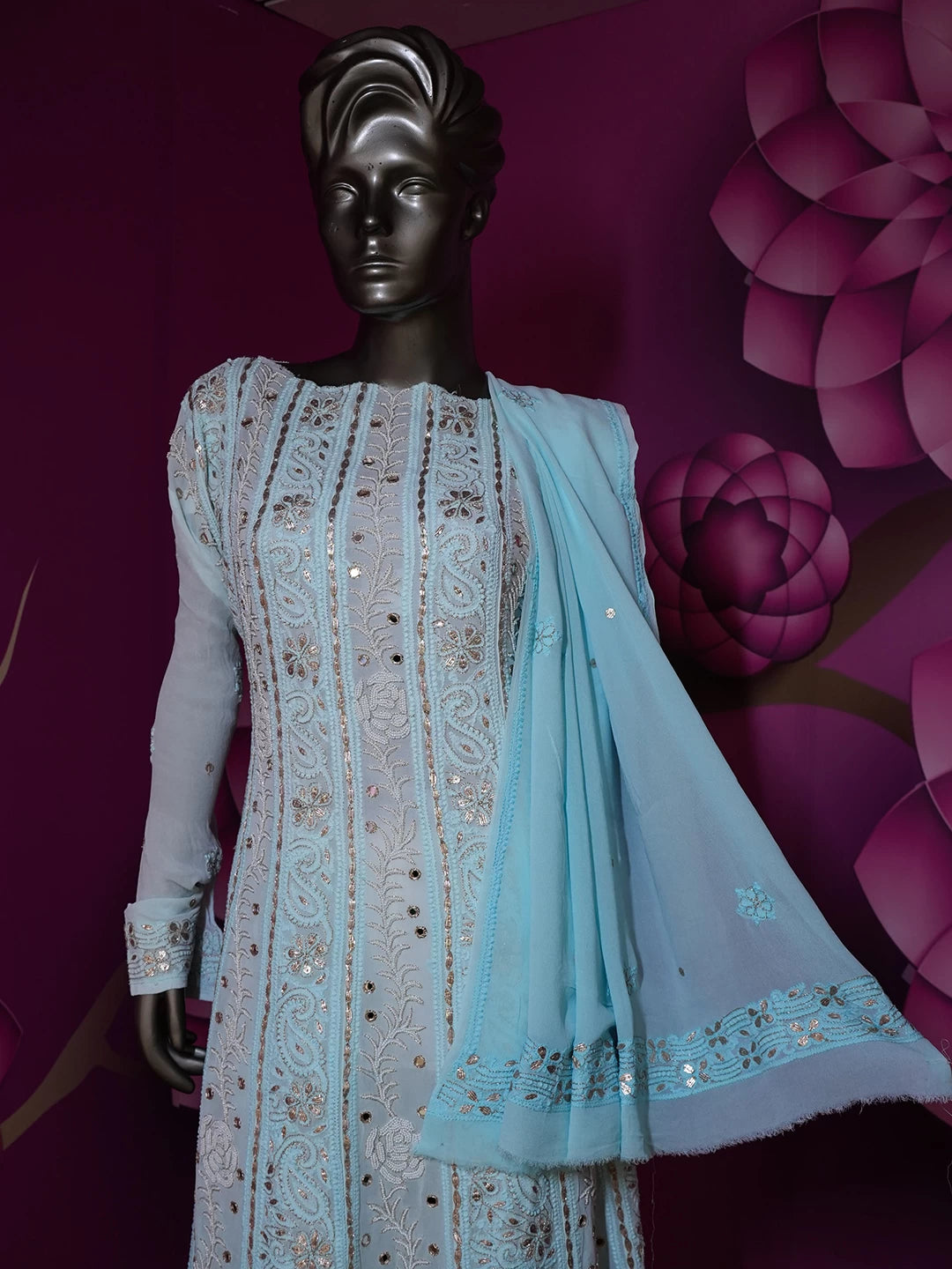 Ada Hand Embroidered Blue Ombre shade Georgette Lucknowi Chikankari Semi-Stitched Anarkali Kurta Dupatta Set With Zari Work 01A370833
