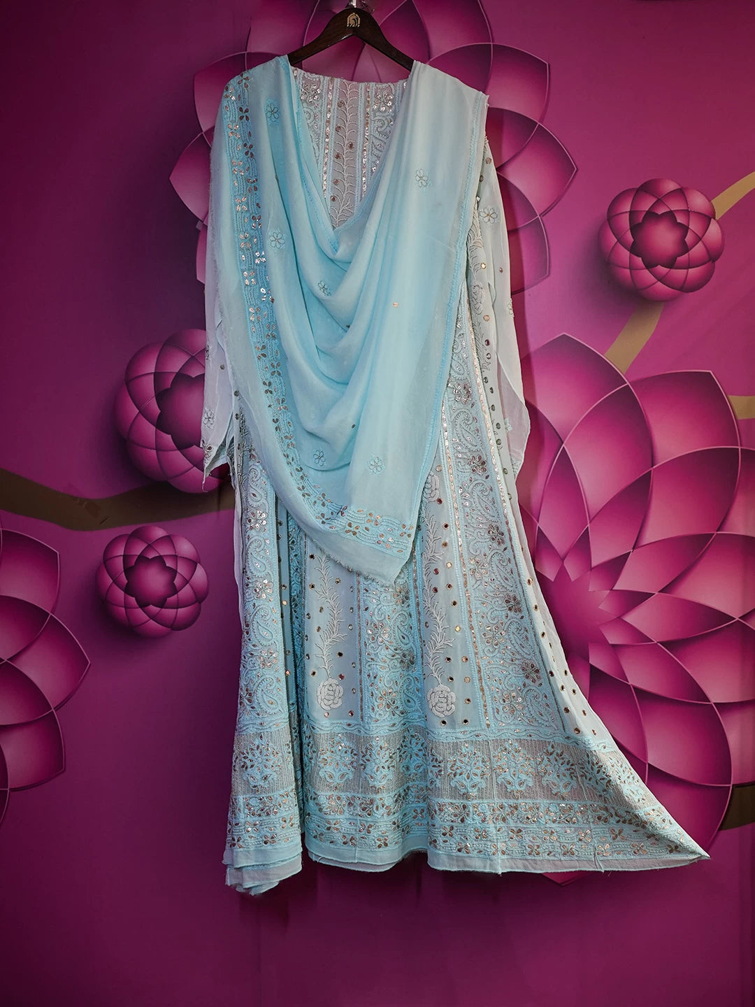 Ada Hand Embroidered Blue Ombre shade Georgette Lucknowi Chikankari Semi-Stitched Anarkali Kurta Dupatta Set With Zari Work 01A370833