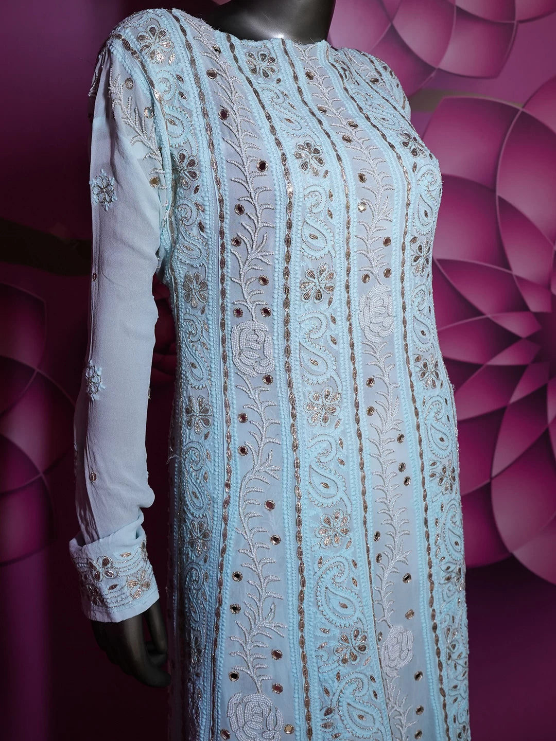 Ada Hand Embroidered Blue Ombre shade Georgette Lucknowi Chikankari Semi-Stitched Anarkali Kurta Dupatta Set With Zari Work 01A370833