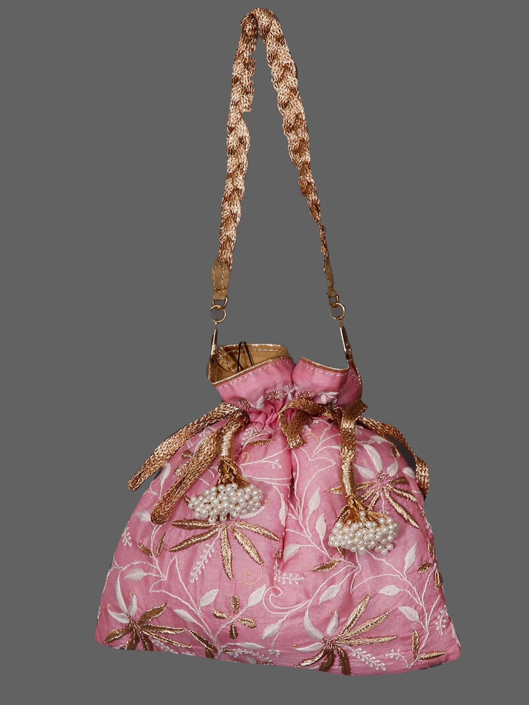 Ada Hand Embroidered Pink Silk Lucknowi Chikankari Potli Bag With Zari Work 01A381861