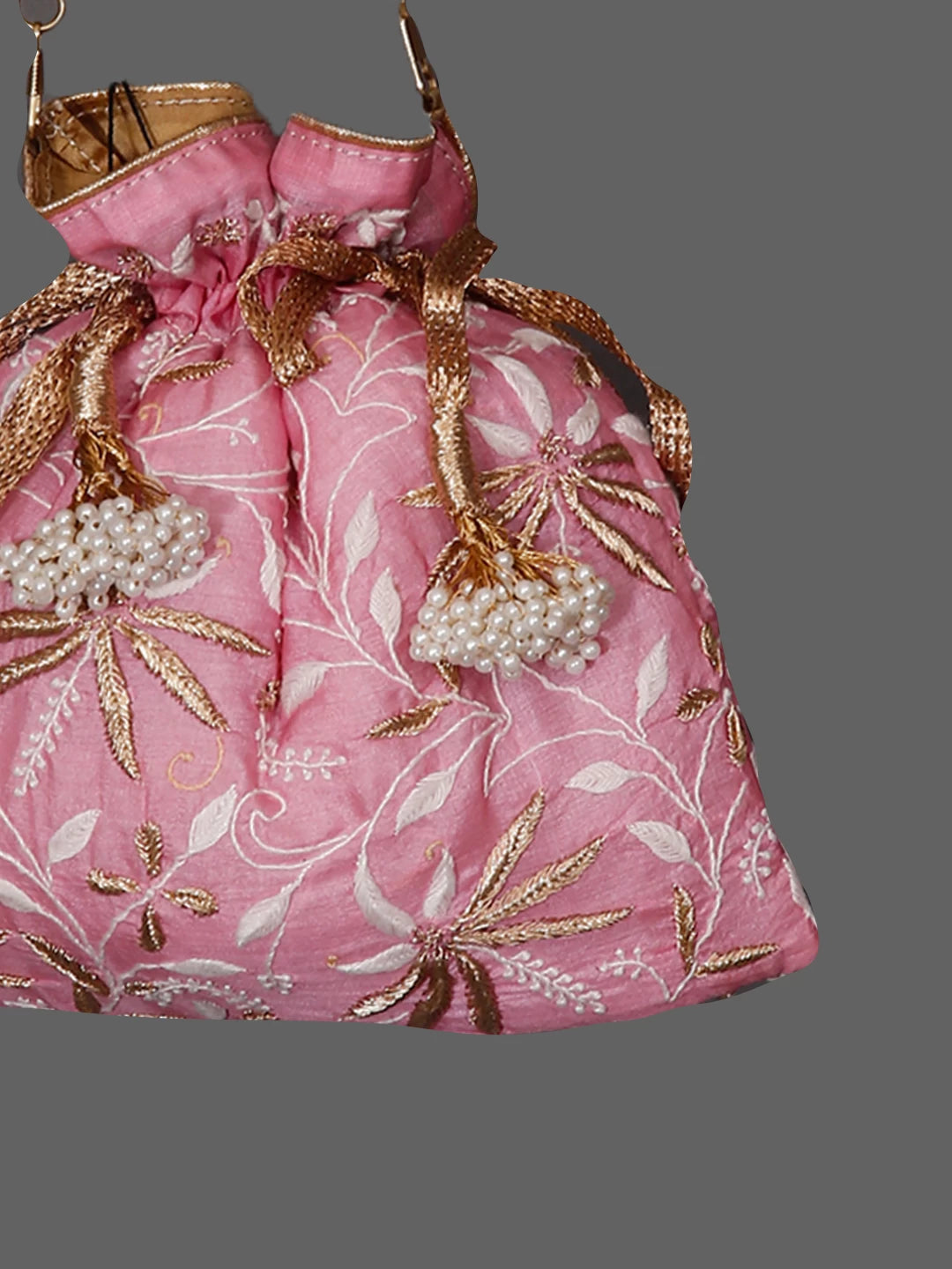 Ada Hand Embroidered Pink Silk Lucknowi Chikankari Potli Bag With Zari Work 01A381861