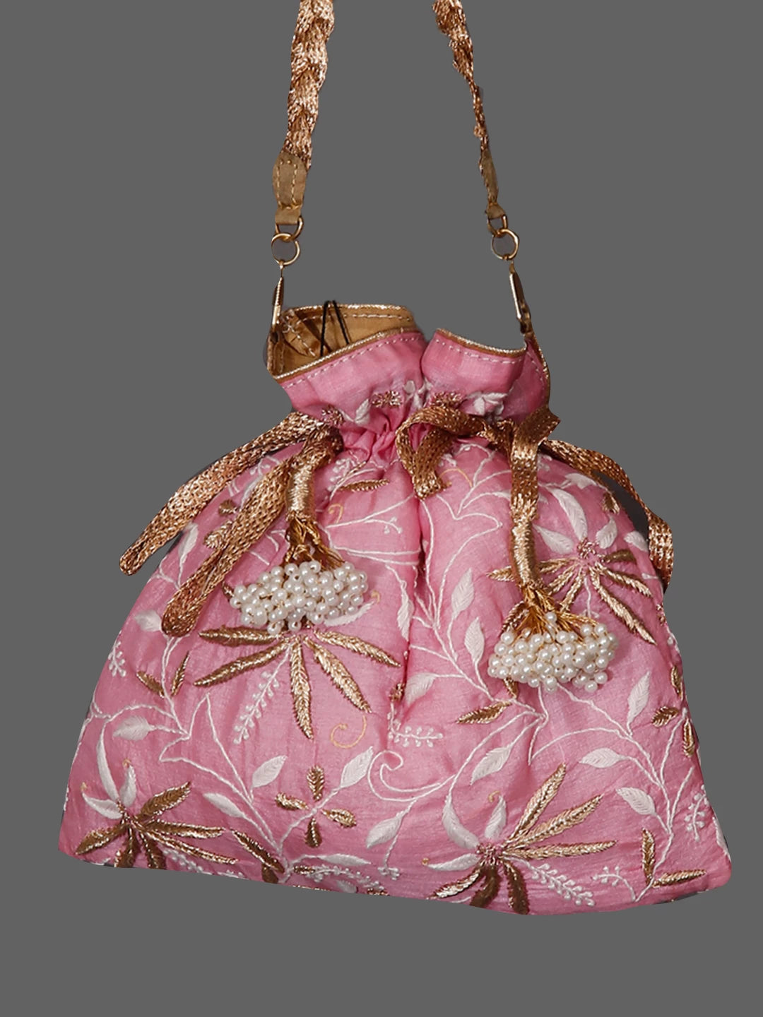 Ada Hand Embroidered Pink Silk Lucknowi Chikankari Potli Bag With Zari Work 01A381861