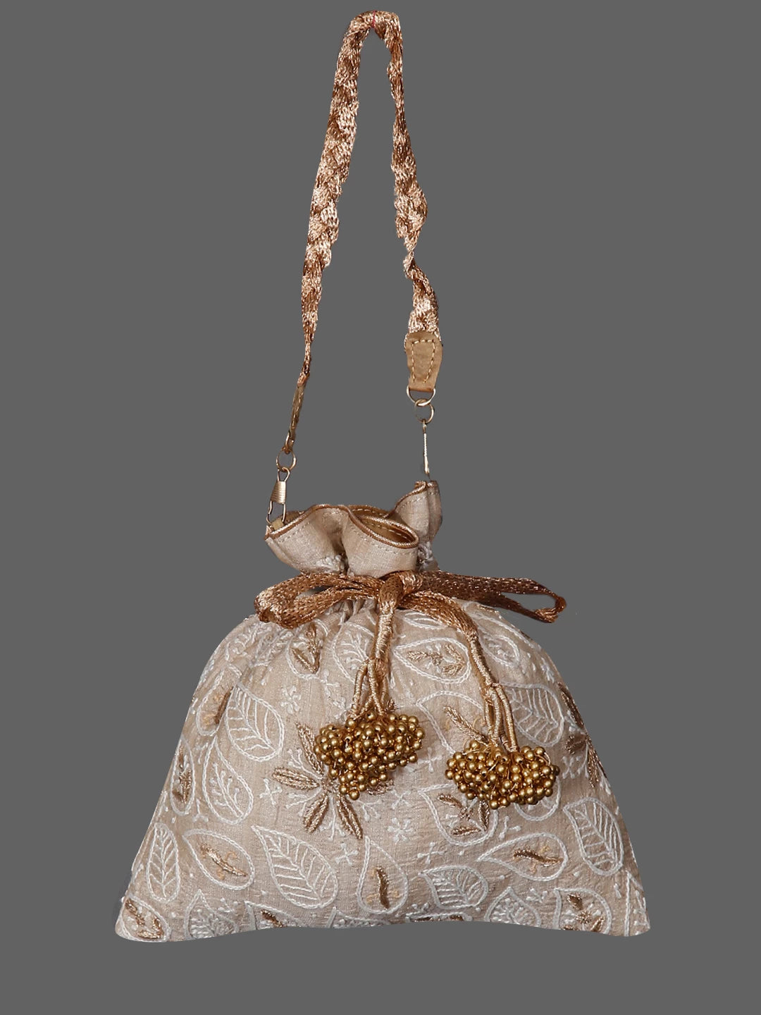Ada Hand Embroidered Natural Fawn Silk Lucknowi Chikankari Potli Bag With Zari Work 01A436548