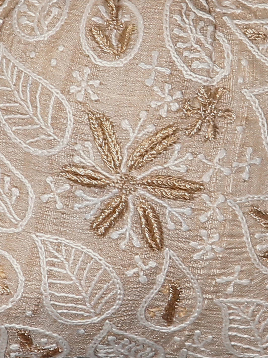 Ada Hand Embroidered Natural Fawn Silk Lucknowi Chikankari Potli Bag With Zari Work 01A436548