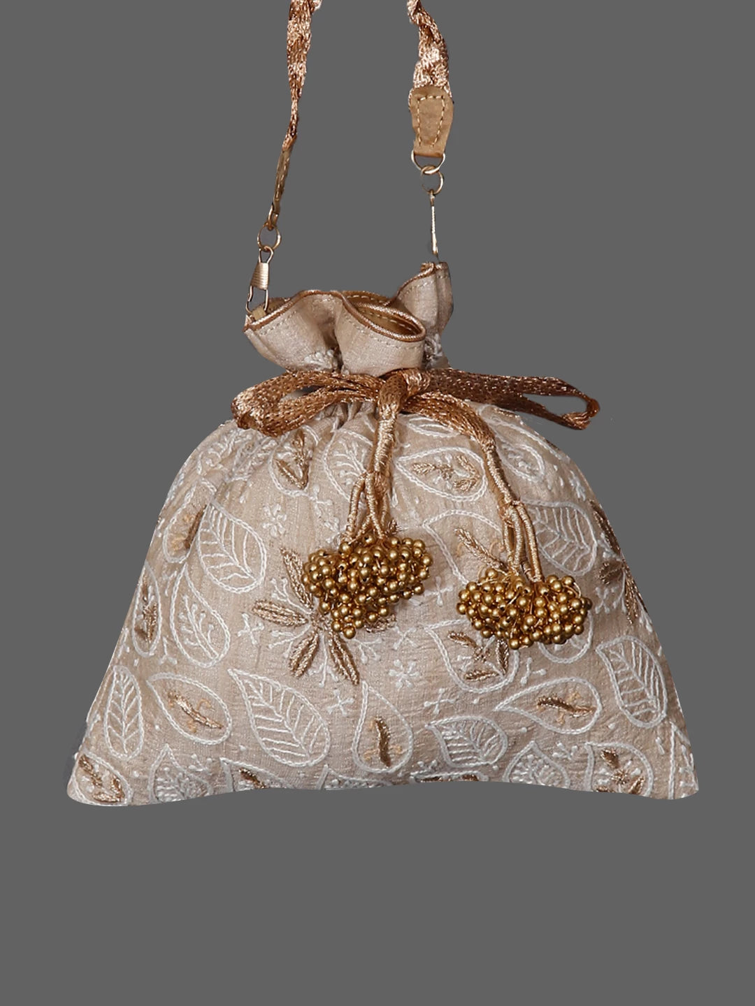 Ada Hand Embroidered Natural Fawn Silk Lucknowi Chikankari Potli Bag With Zari Work 01A436548