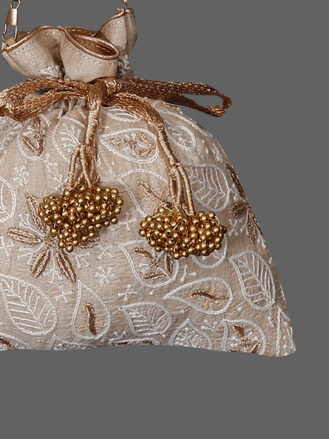 Ada Hand Embroidered Natural Fawn Silk Lucknowi Chikankari Potli Bag With Zari Work 01A436548