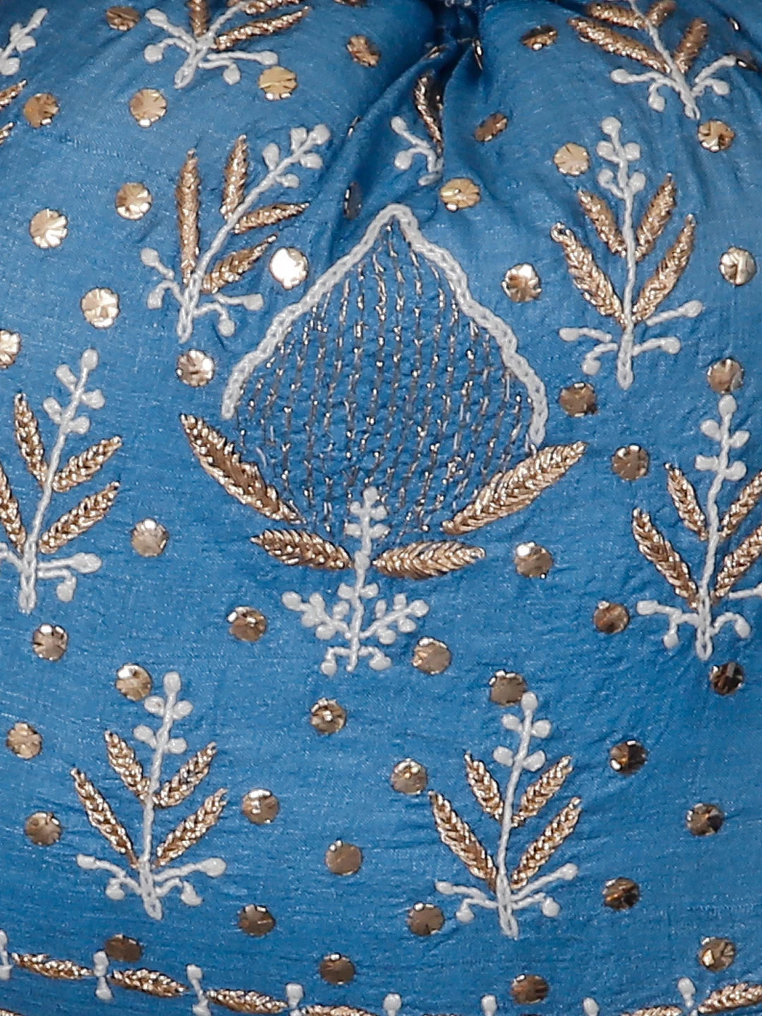 Ada Hand Embroidered Teal Blue Silk Lucknowi Chikankari Potli Bag With Muqaish Work 01A429780