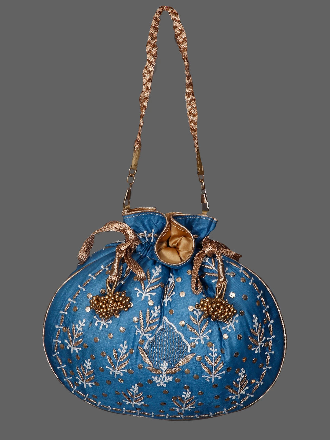 Ada Hand Embroidered Teal Blue Silk Lucknowi Chikankari Potli Bag With Muqaish Work 01A429780