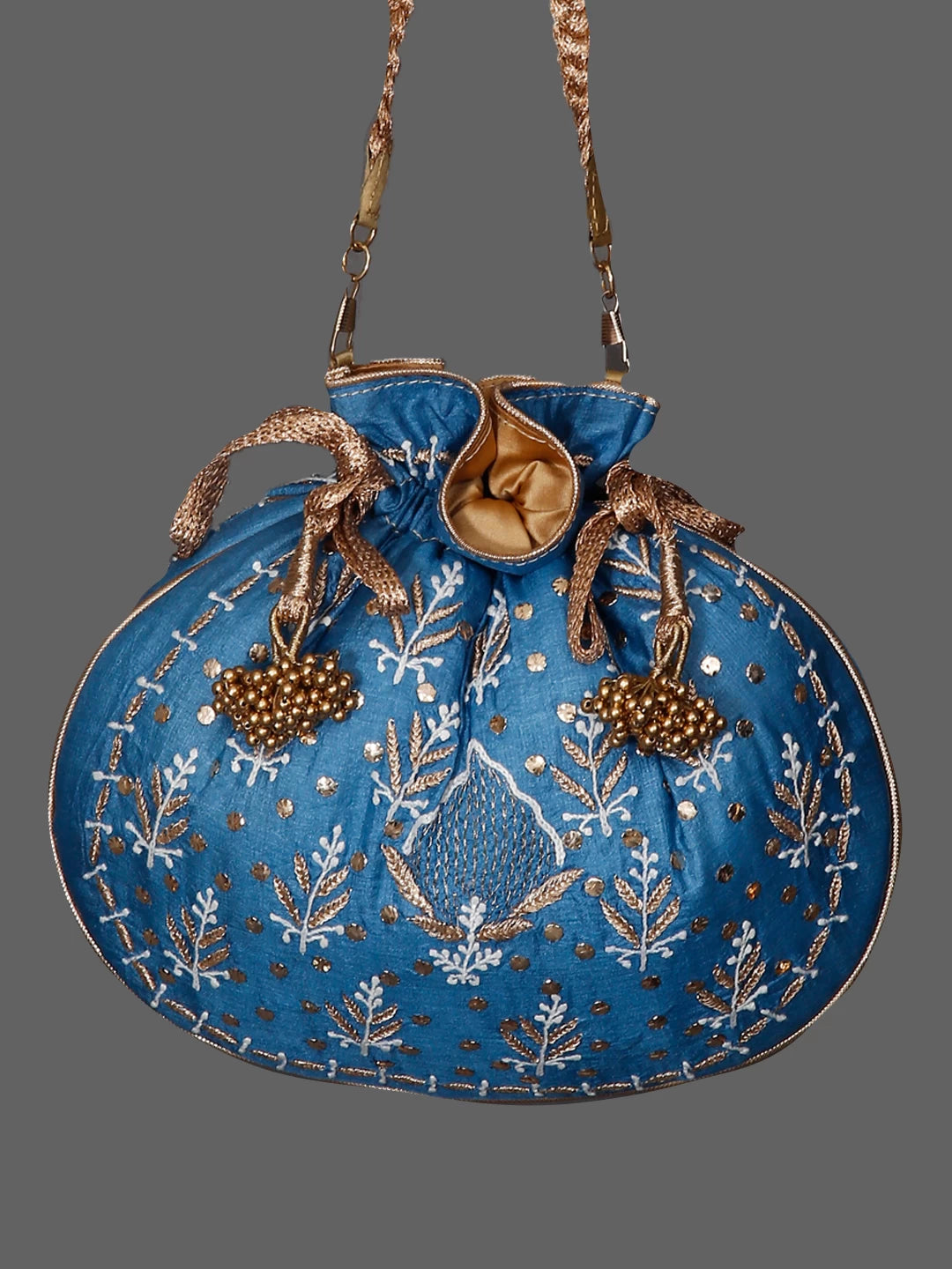 Ada Hand Embroidered Teal Blue Silk Lucknowi Chikankari Potli Bag With Muqaish Work 01A429780