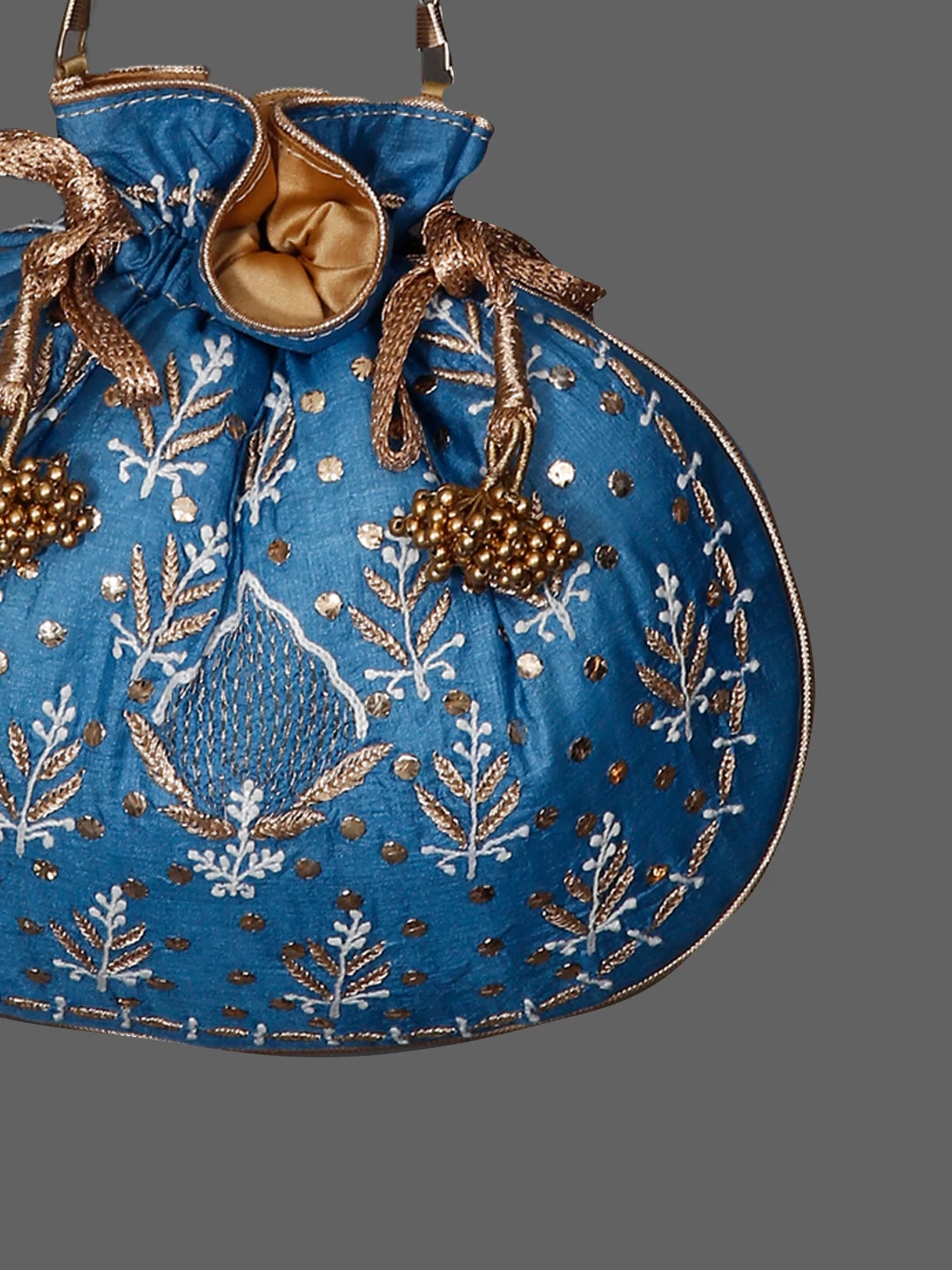 Ada Hand Embroidered Teal Blue Silk Lucknowi Chikankari Potli Bag With Muqaish Work 01A429780
