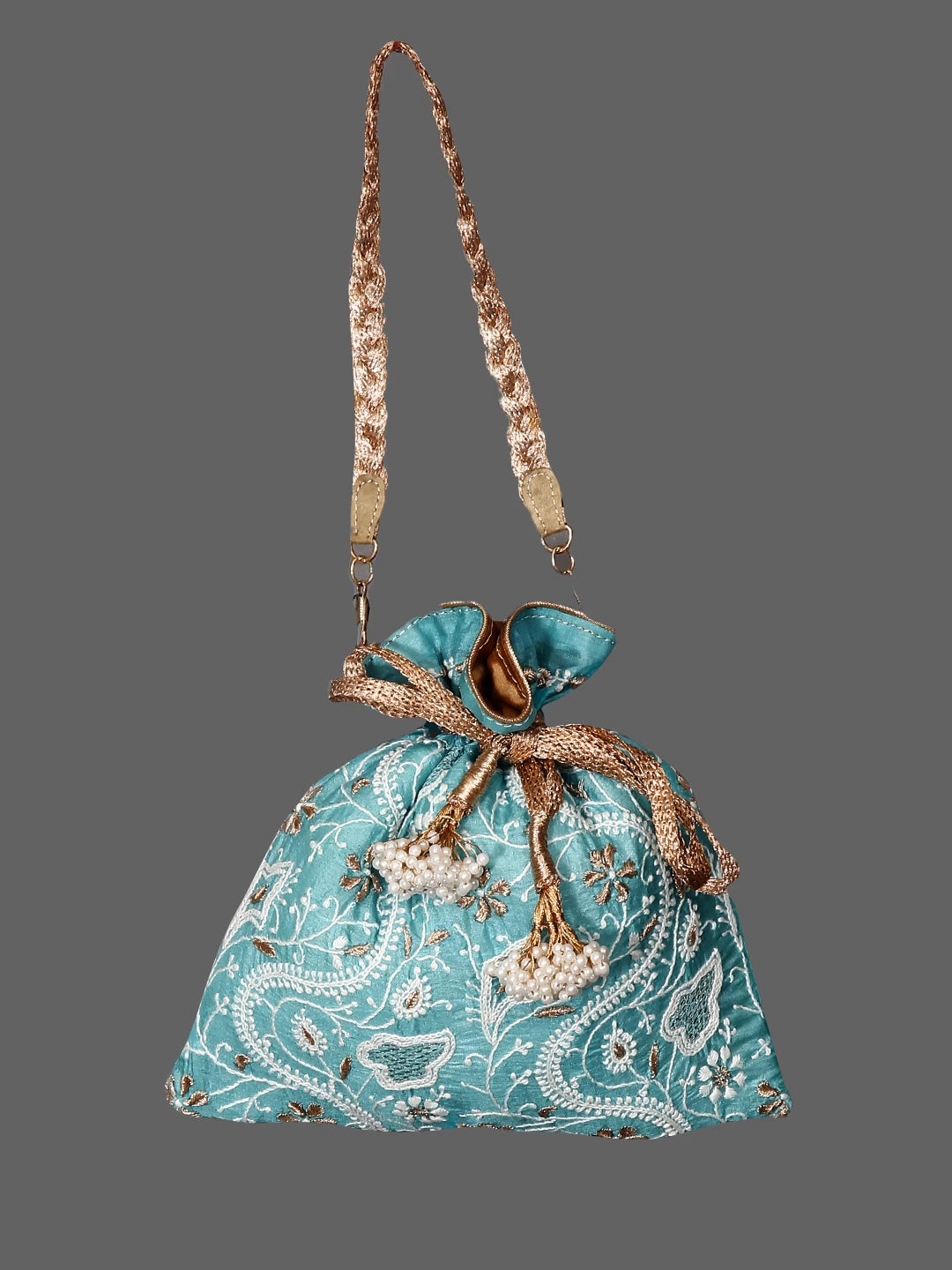 Ada Hand Embroidered Cyan Blue Silk Lucknowi Chikankari Potli Bag With Zari Work 01A398073