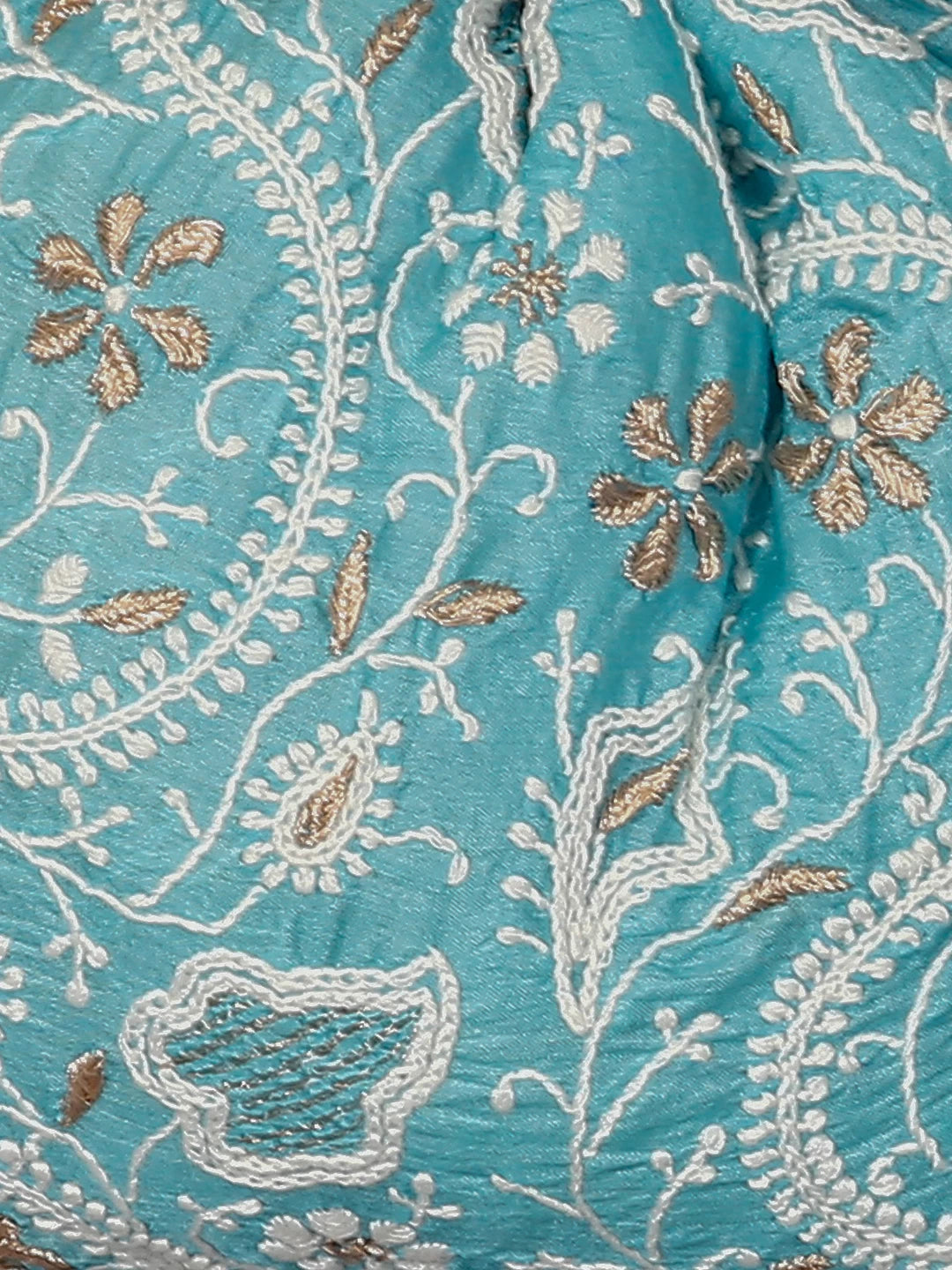 Ada Hand Embroidered Cyan Blue Silk Lucknowi Chikankari Potli Bag With Zari Work 01A398073