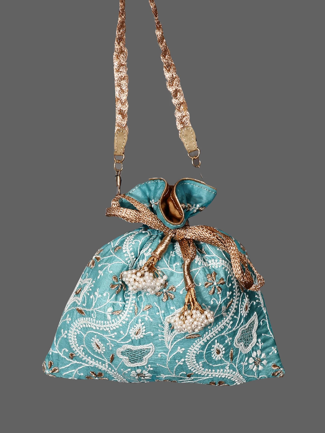 Ada Hand Embroidered Cyan Blue Silk Lucknowi Chikankari Potli Bag With Zari Work 01A398073