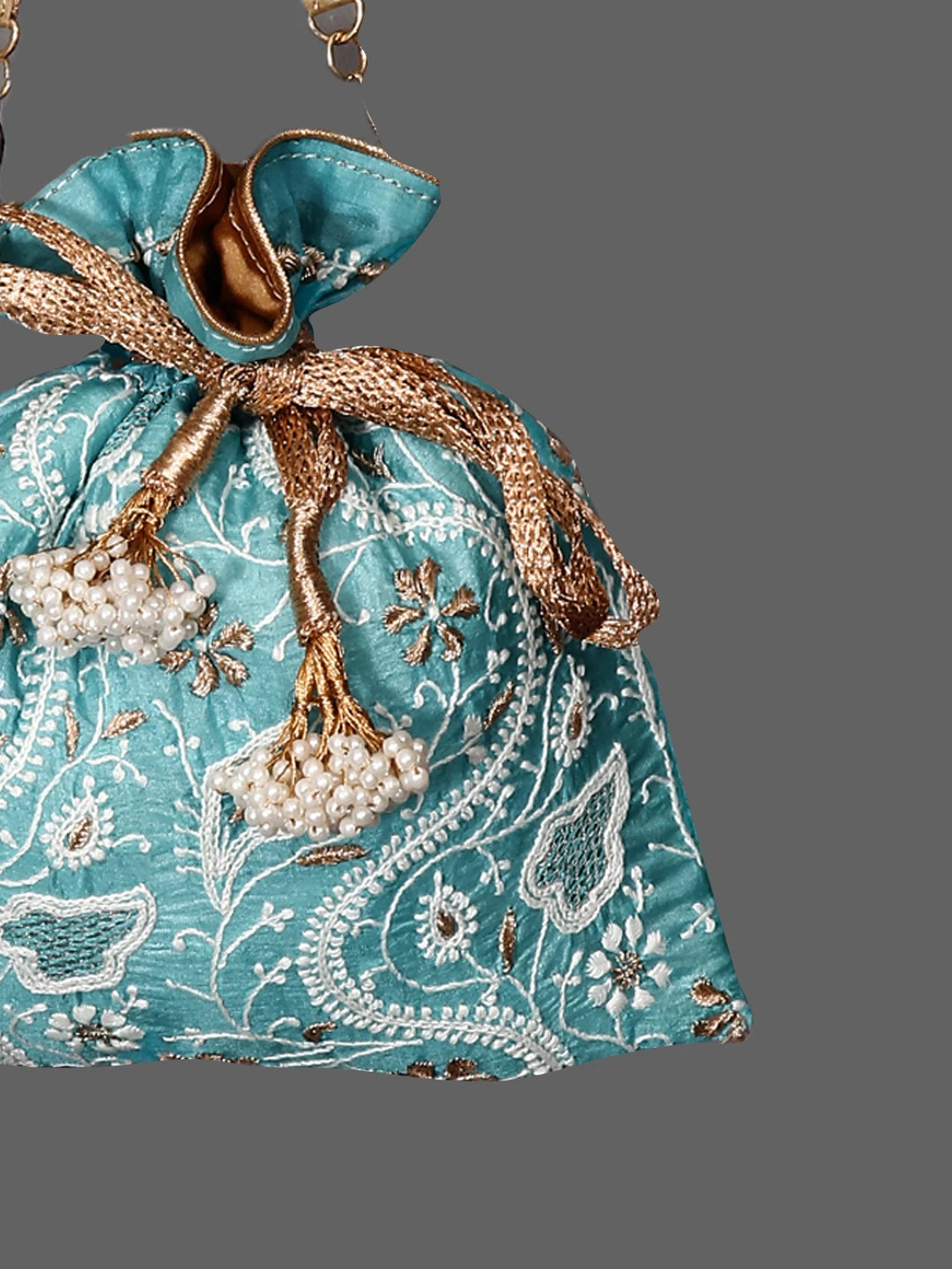 Ada Hand Embroidered Cyan Blue Silk Lucknowi Chikankari Potli Bag With Zari Work 01A398073