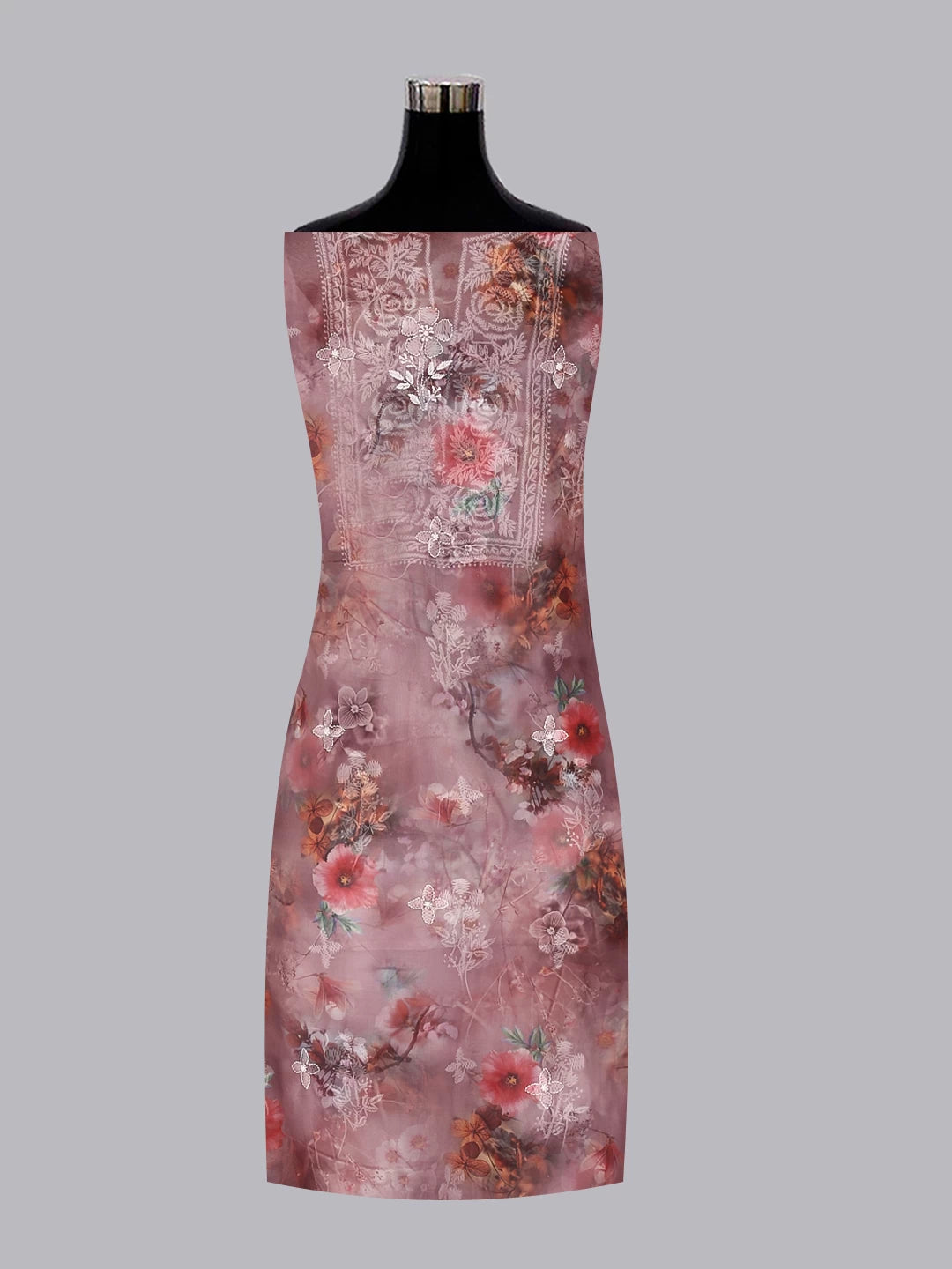 Ada Hand Embroidered Onion Pink Floral Print Organza Lucknowi Chikankari Unstitched Kurta Dupatta Set 01A457696