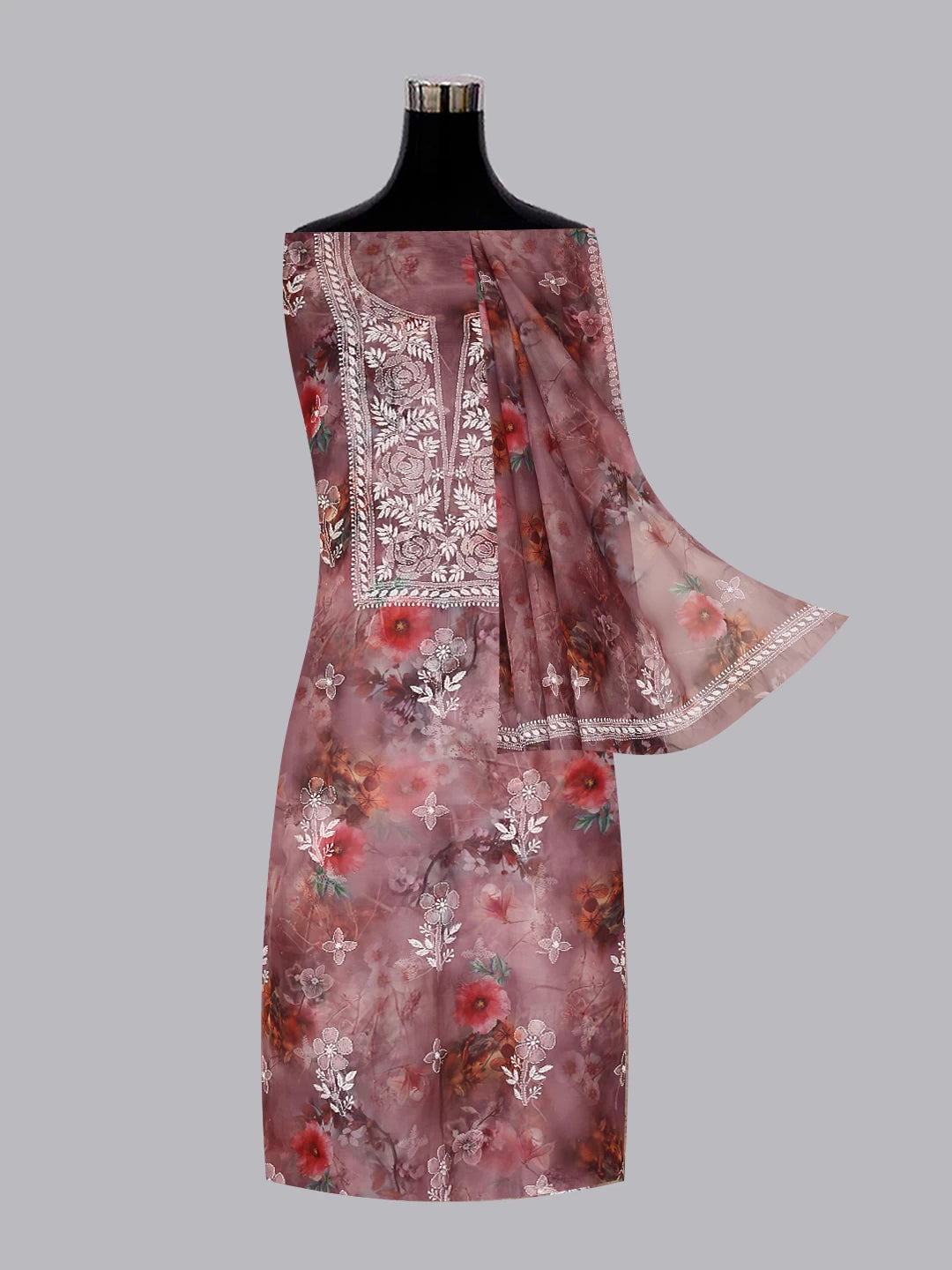 Ada Hand Embroidered Onion Pink Floral Print Organza Lucknowi Chikankari Unstitched Kurta Dupatta Set 01A457696