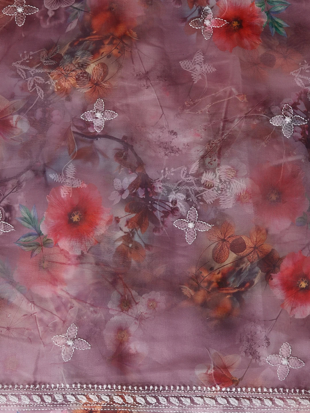 Ada Hand Embroidered Onion Pink Floral Print Organza Lucknowi Chikankari Unstitched Kurta Dupatta Set 01A457696