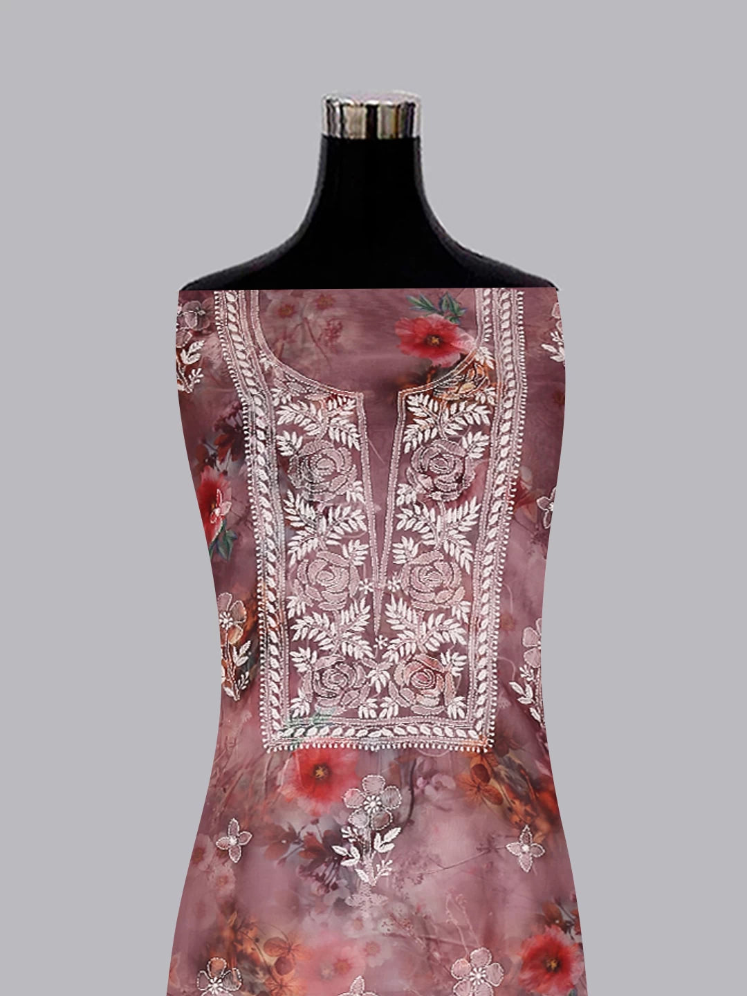 Ada Hand Embroidered Onion Pink Floral Print Organza Lucknowi Chikankari Unstitched Kurta Dupatta Set 01A457696