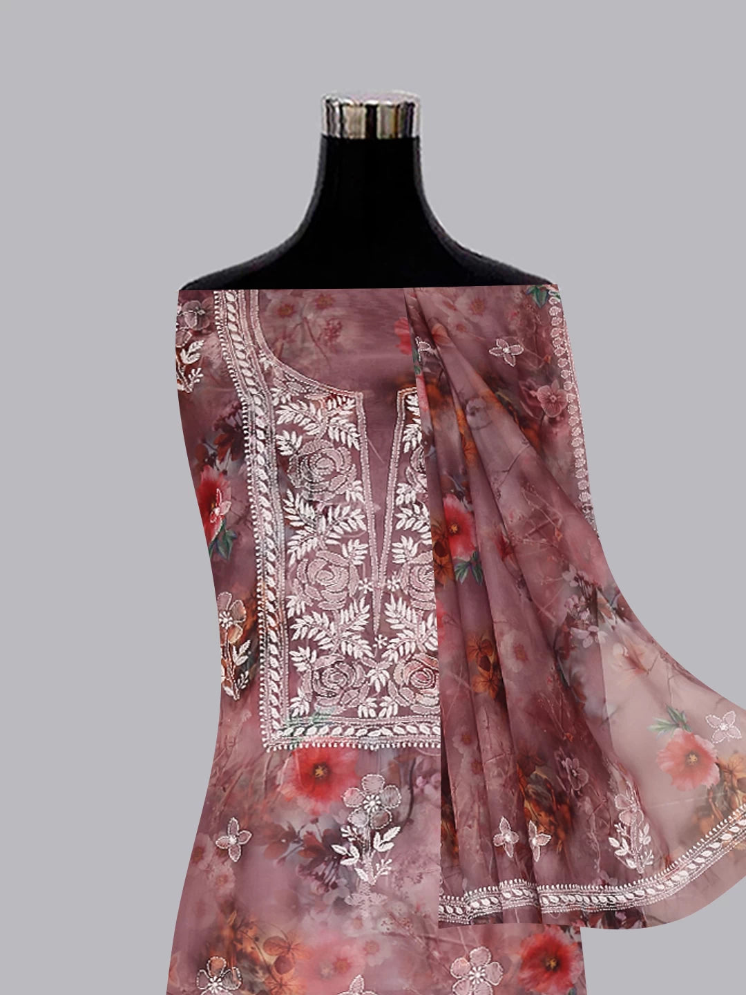 Ada Hand Embroidered Onion Pink Floral Print Organza Lucknowi Chikankari Unstitched Kurta Dupatta Set 01A457696