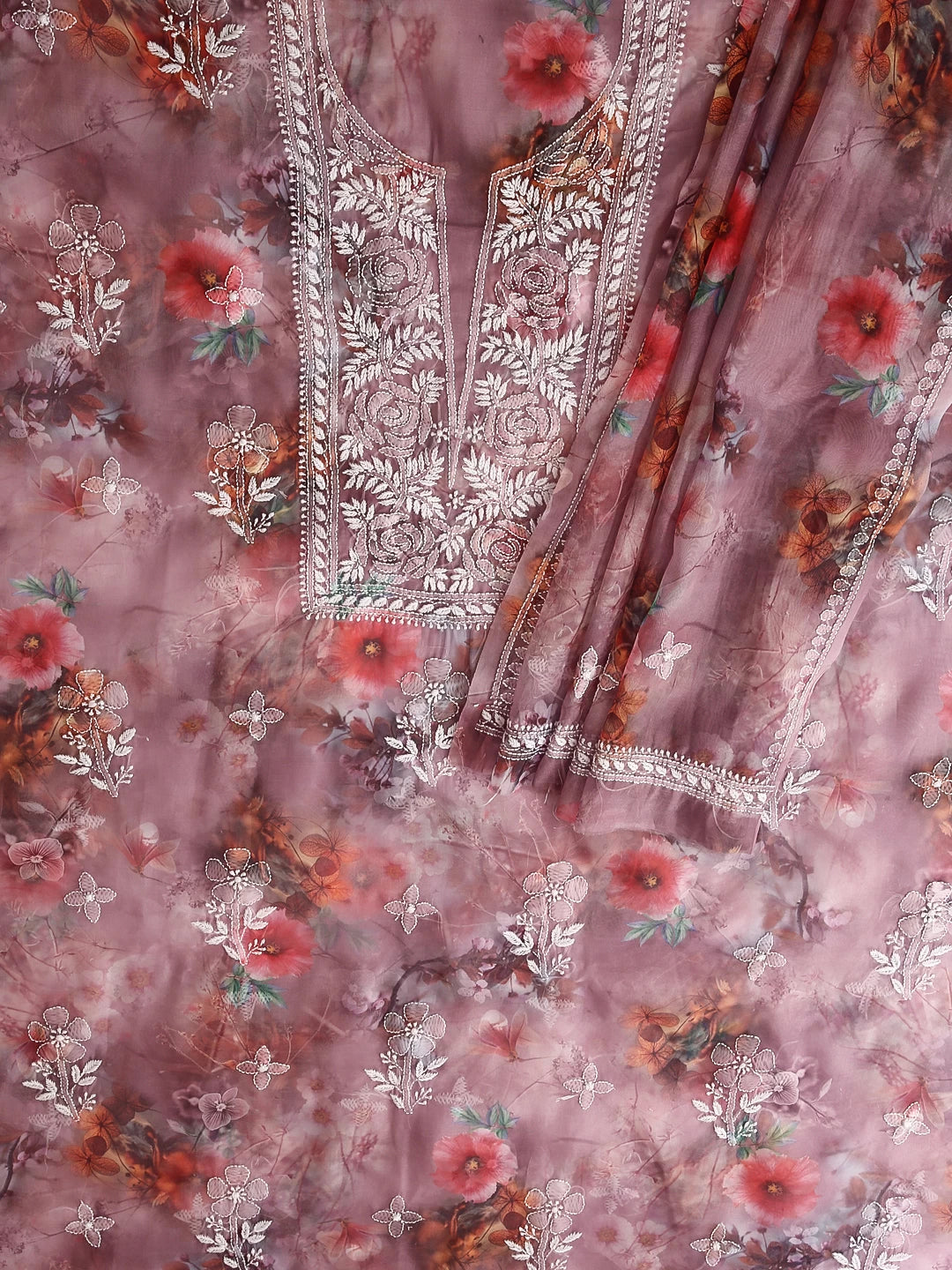 Ada Hand Embroidered Onion Pink Floral Print Organza Lucknowi Chikankari Unstitched Kurta Dupatta Set 01A457696