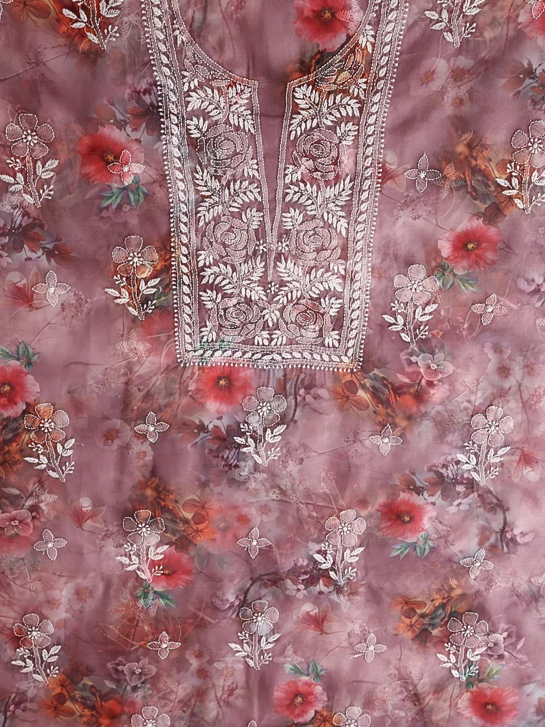 Ada Hand Embroidered Onion Pink Floral Print Organza Lucknowi Chikankari Unstitched Kurta Dupatta Set 01A457696