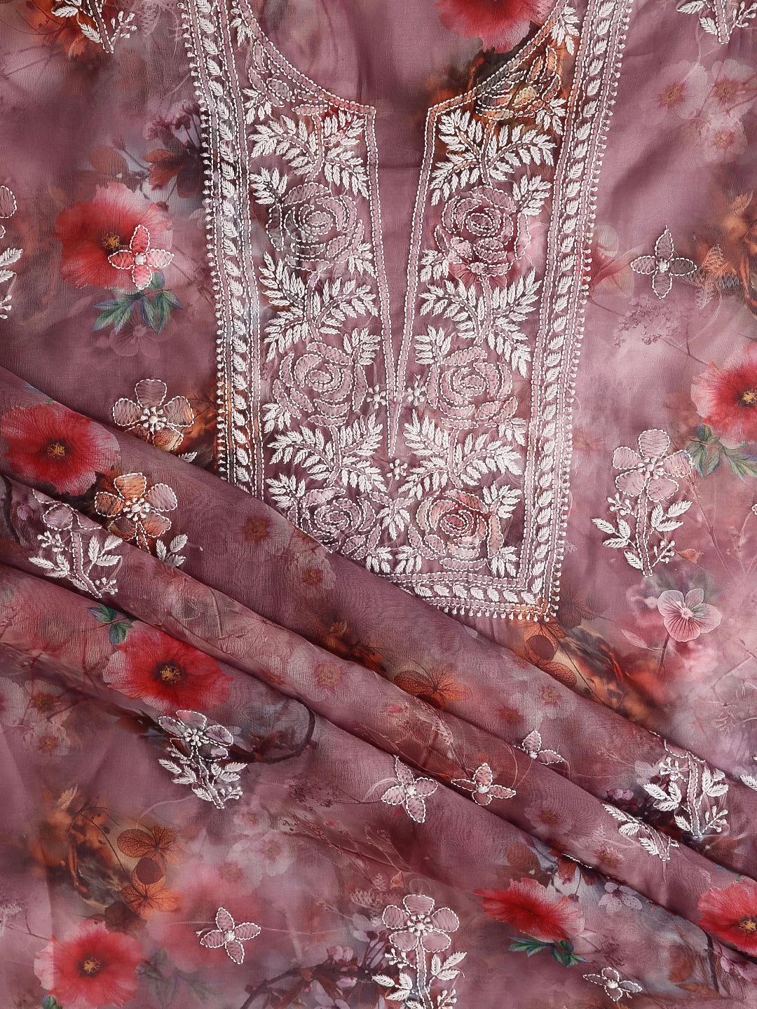 Ada Hand Embroidered Onion Pink Floral Print Organza Lucknowi Chikankari Unstitched Kurta Dupatta Set 01A457696