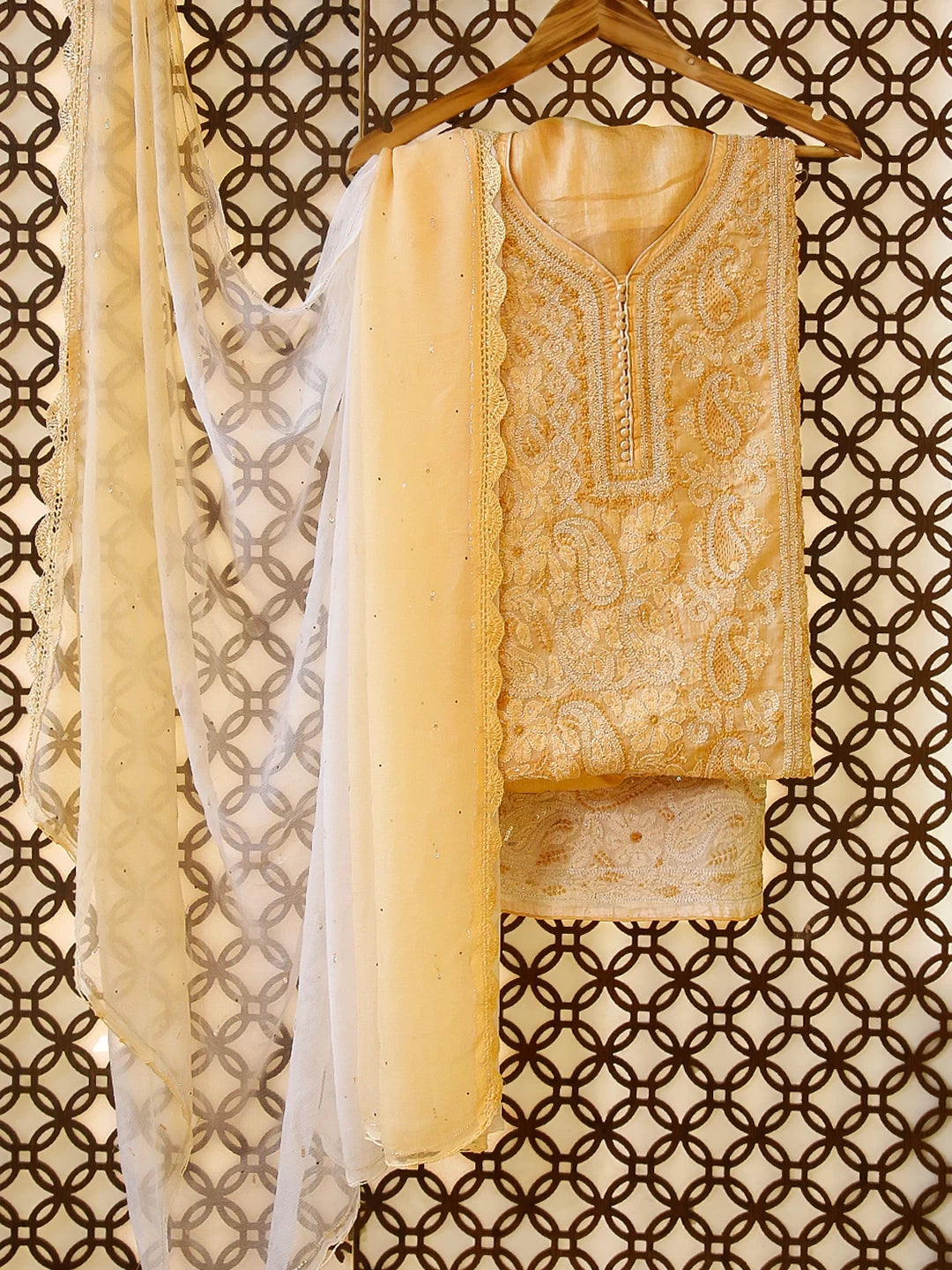 Ada Hand Embroidered Natural Fawn Silk Lucknowi Chikankari Unstitched Suit Piece WIth Cutdana 01A350736