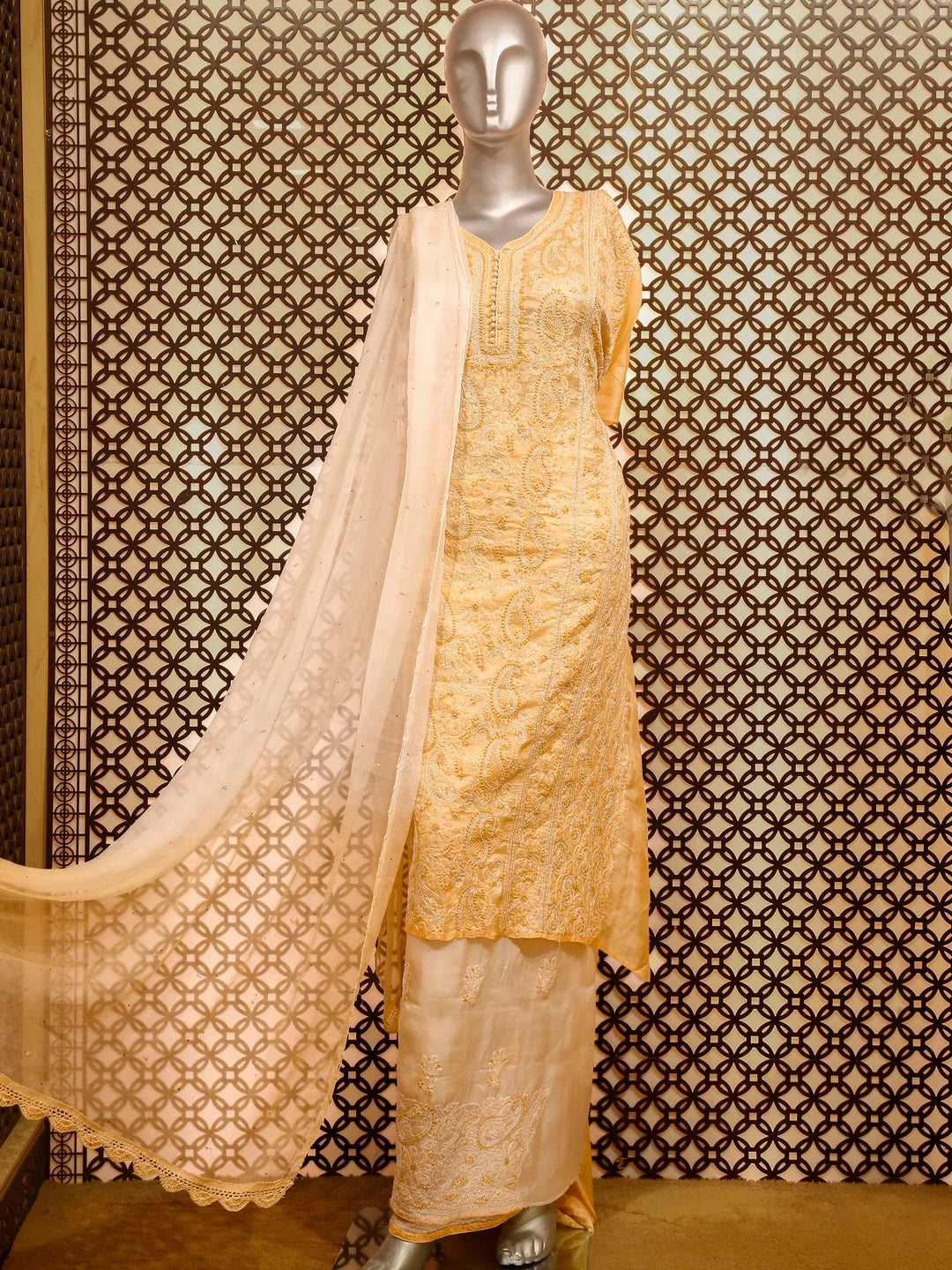 Ada Hand Embroidered Natural Fawn Silk Lucknowi Chikankari Unstitched Suit Piece WIth Cutdana 01A350736