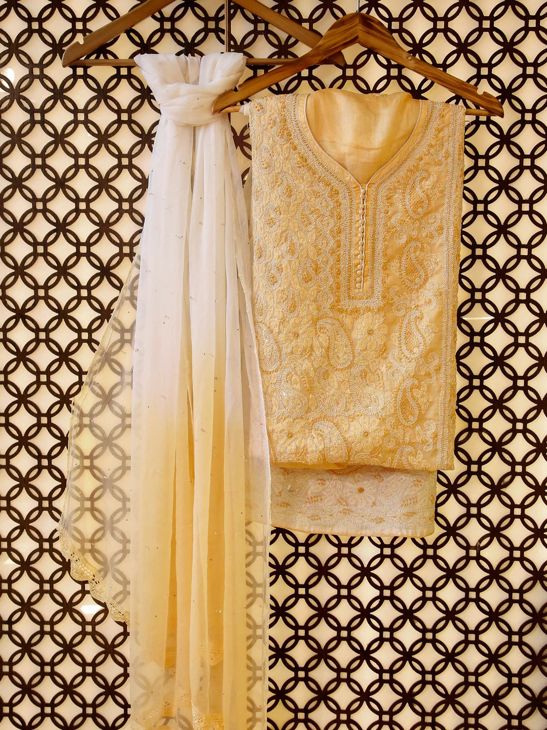 Ada Hand Embroidered Natural Fawn Silk Lucknowi Chikankari Unstitched Suit Piece WIth Cutdana 01A350736