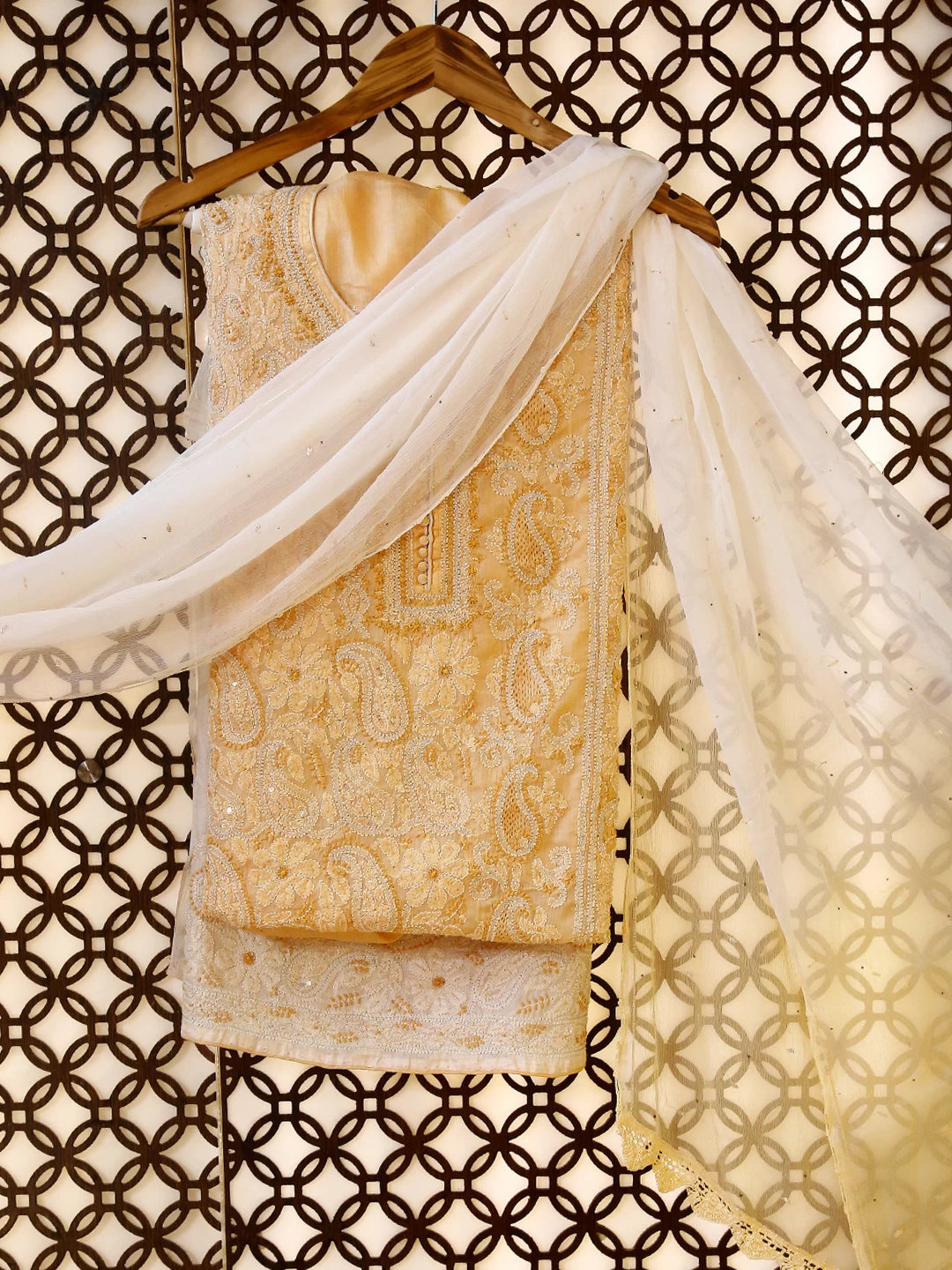 Ada Hand Embroidered Natural Fawn Silk Lucknowi Chikankari Unstitched Suit Piece WIth Cutdana 01A350736