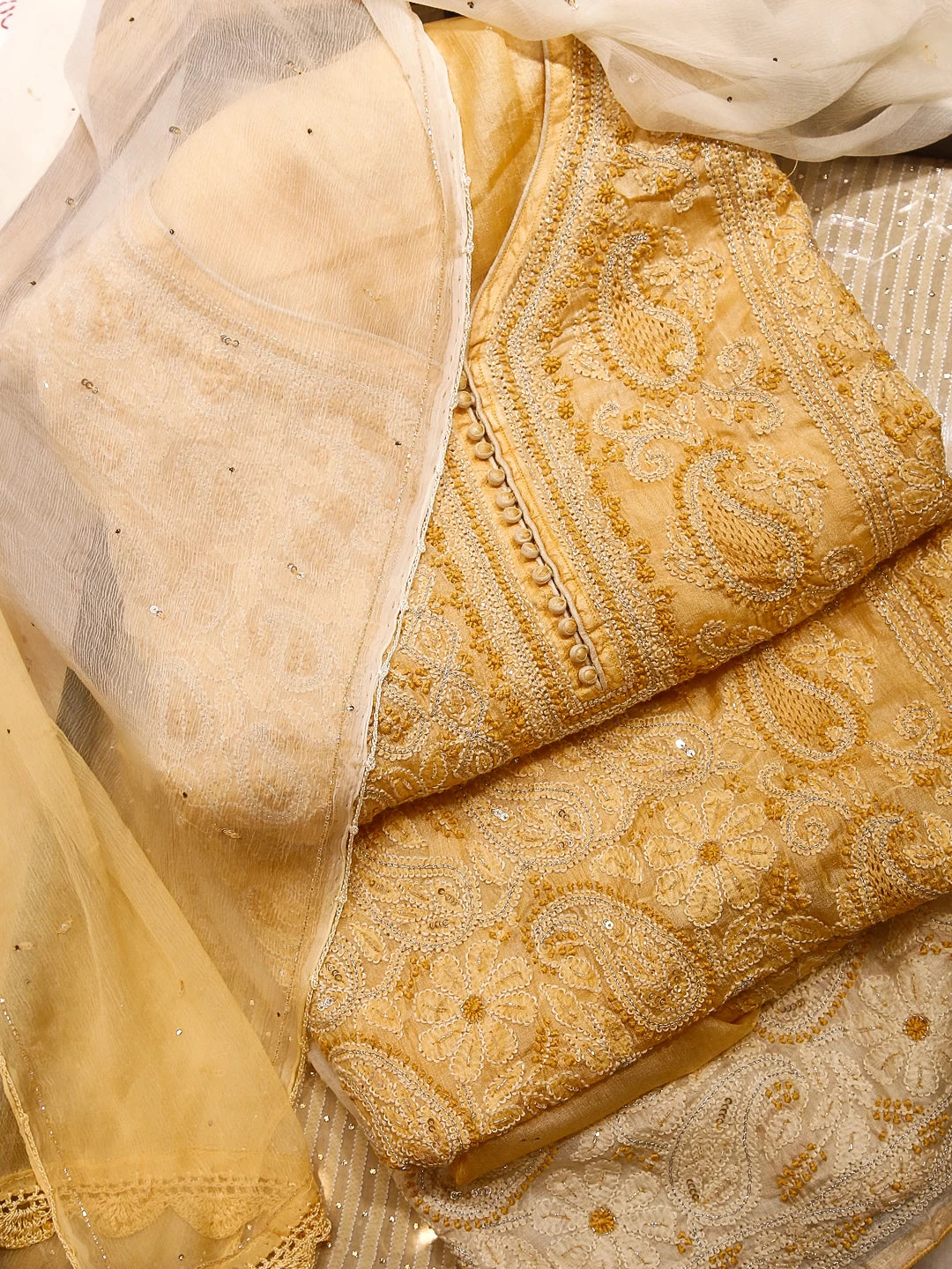 Ada Hand Embroidered Natural Fawn Silk Lucknowi Chikankari Unstitched Suit Piece WIth Cutdana 01A350736