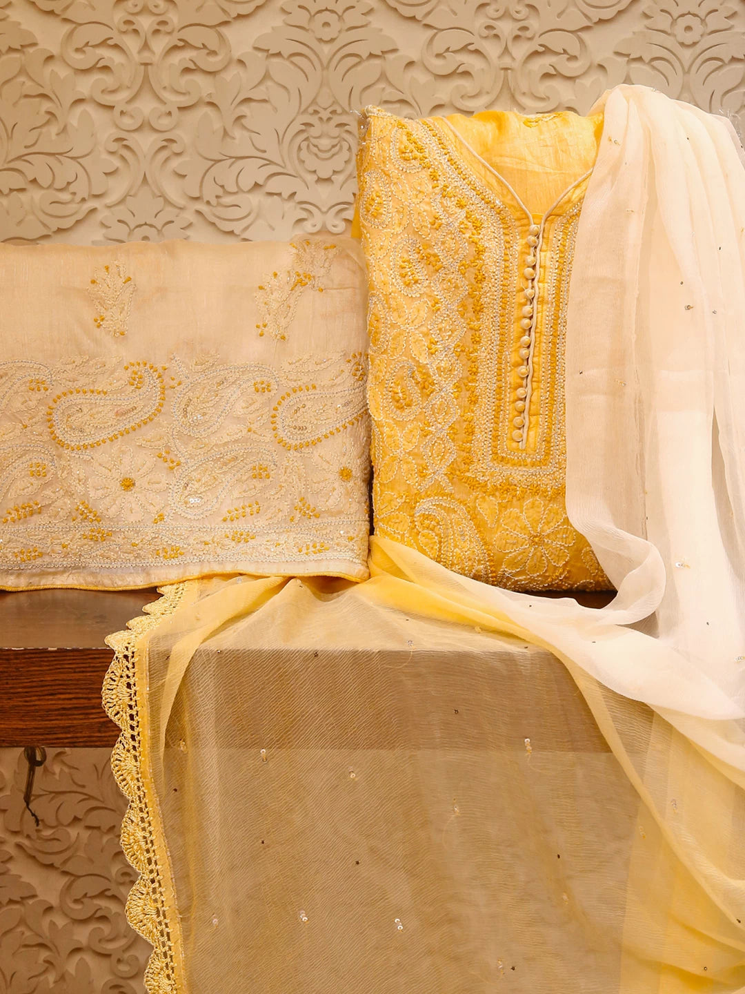 Ada Hand Embroidered Natural Fawn Silk Lucknowi Chikankari Unstitched Suit Piece WIth Cutdana 01A350736