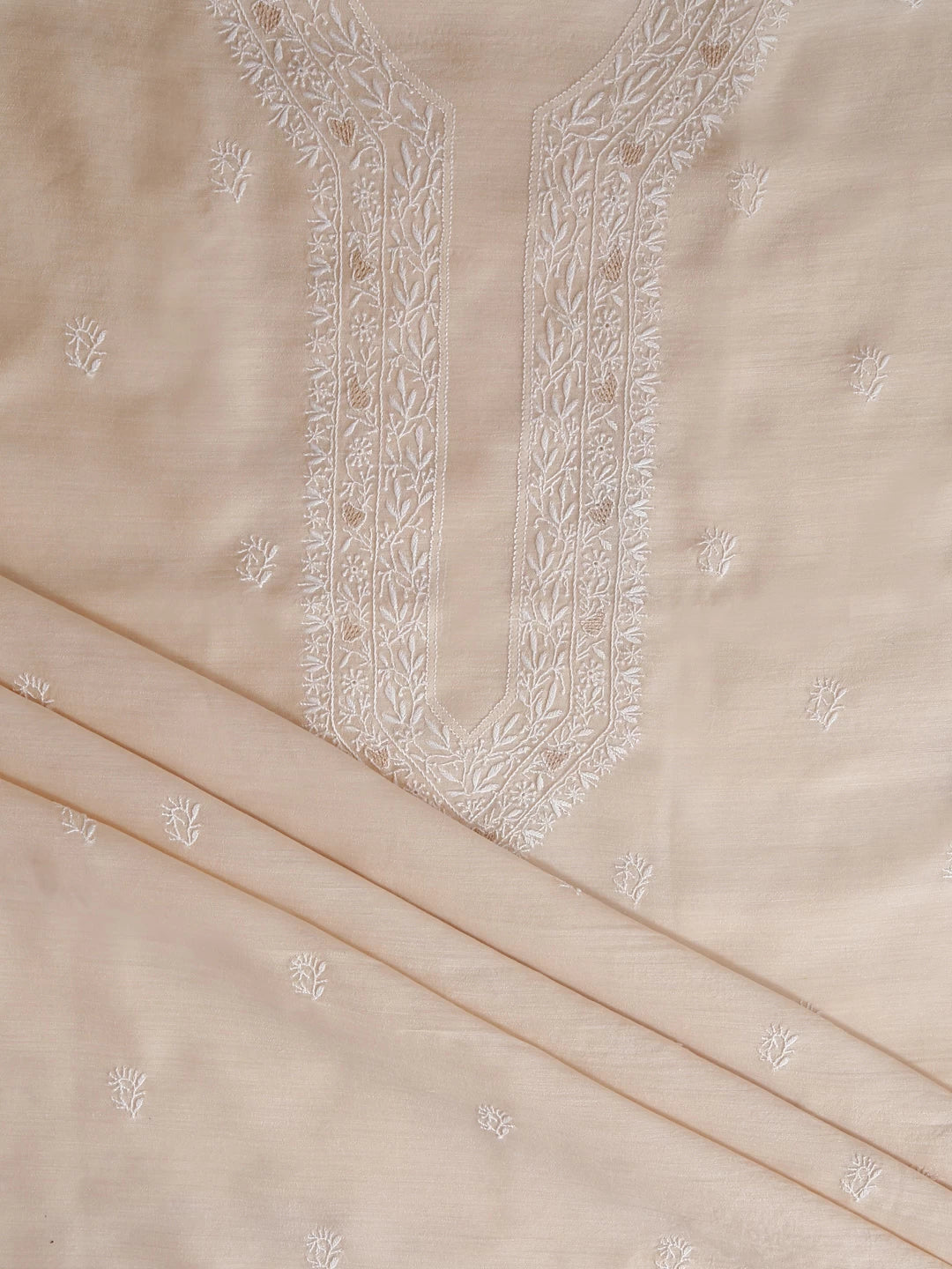 Ada Hand Embroidered Beige Silk Lucknowi Chikankari Men's Kurta Piece 01A465908