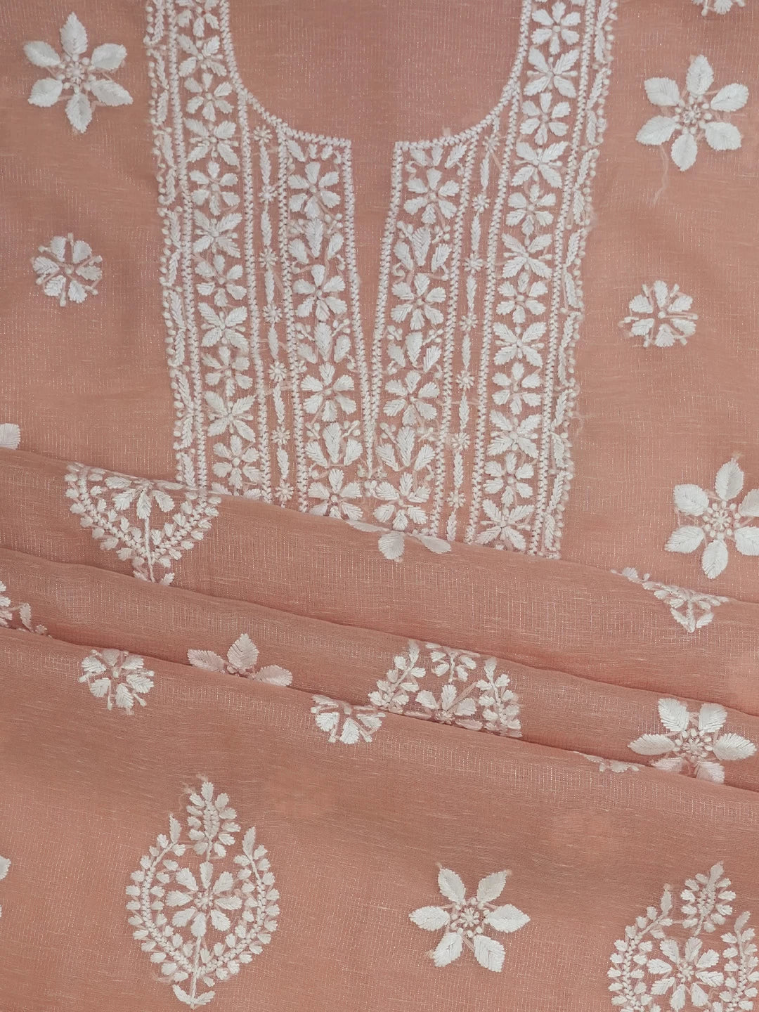 Ada Hand Embroidered Peach Tissue Lucknowi Chikankari Unstitched Kurta Dupatta Set 01A464384