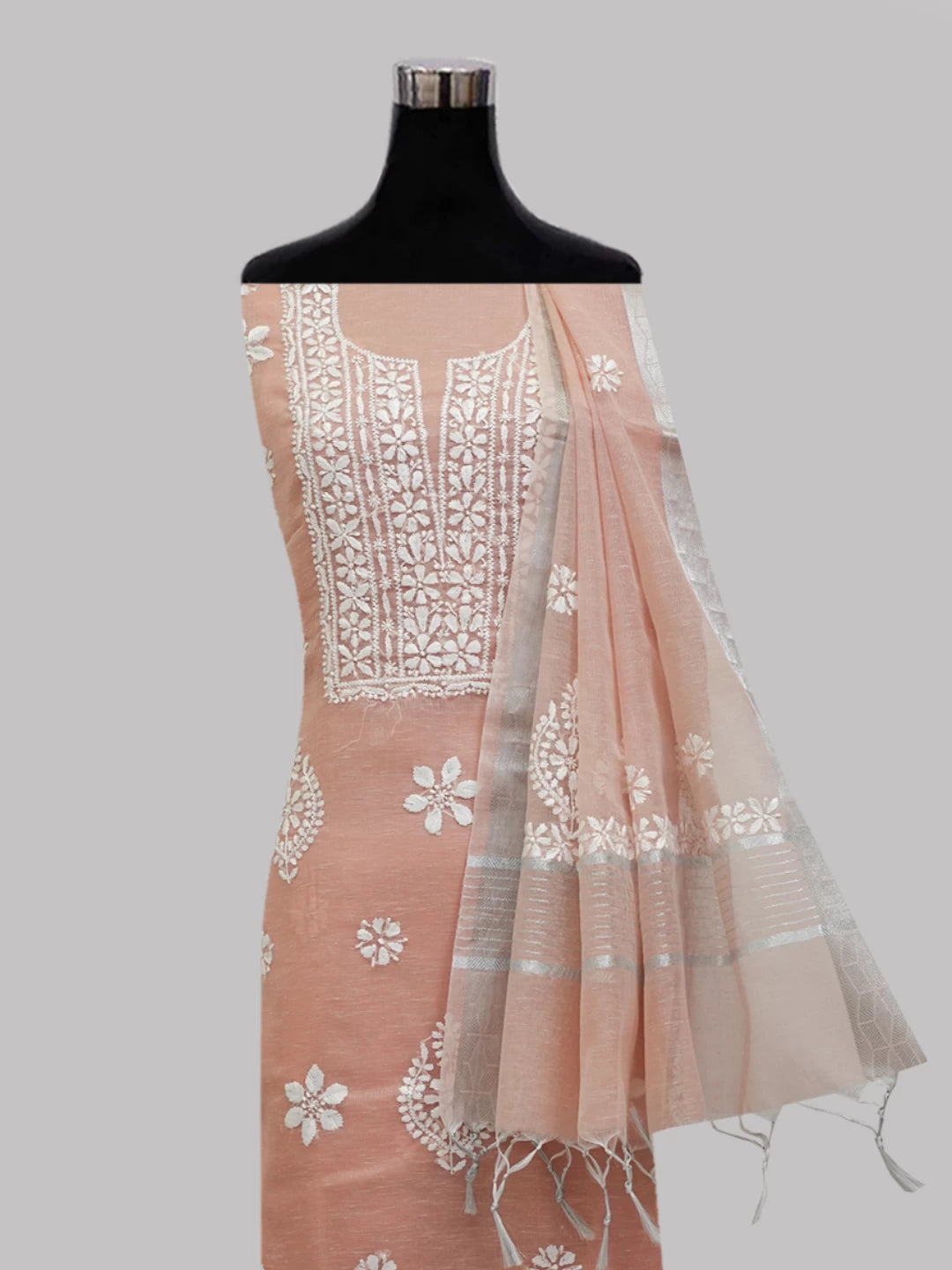 Ada Hand Embroidered Peach Tissue Lucknowi Chikankari Unstitched Kurta Dupatta Set 01A464384