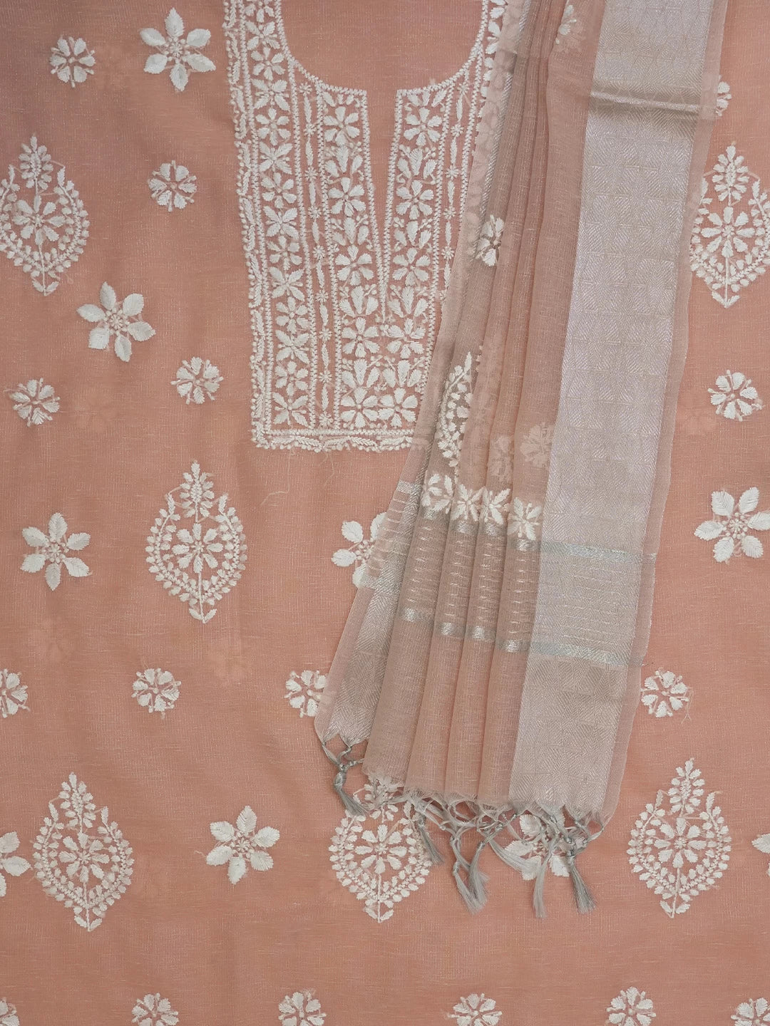 Ada Hand Embroidered Peach Tissue Lucknowi Chikankari Unstitched Kurta Dupatta Set 01A464384