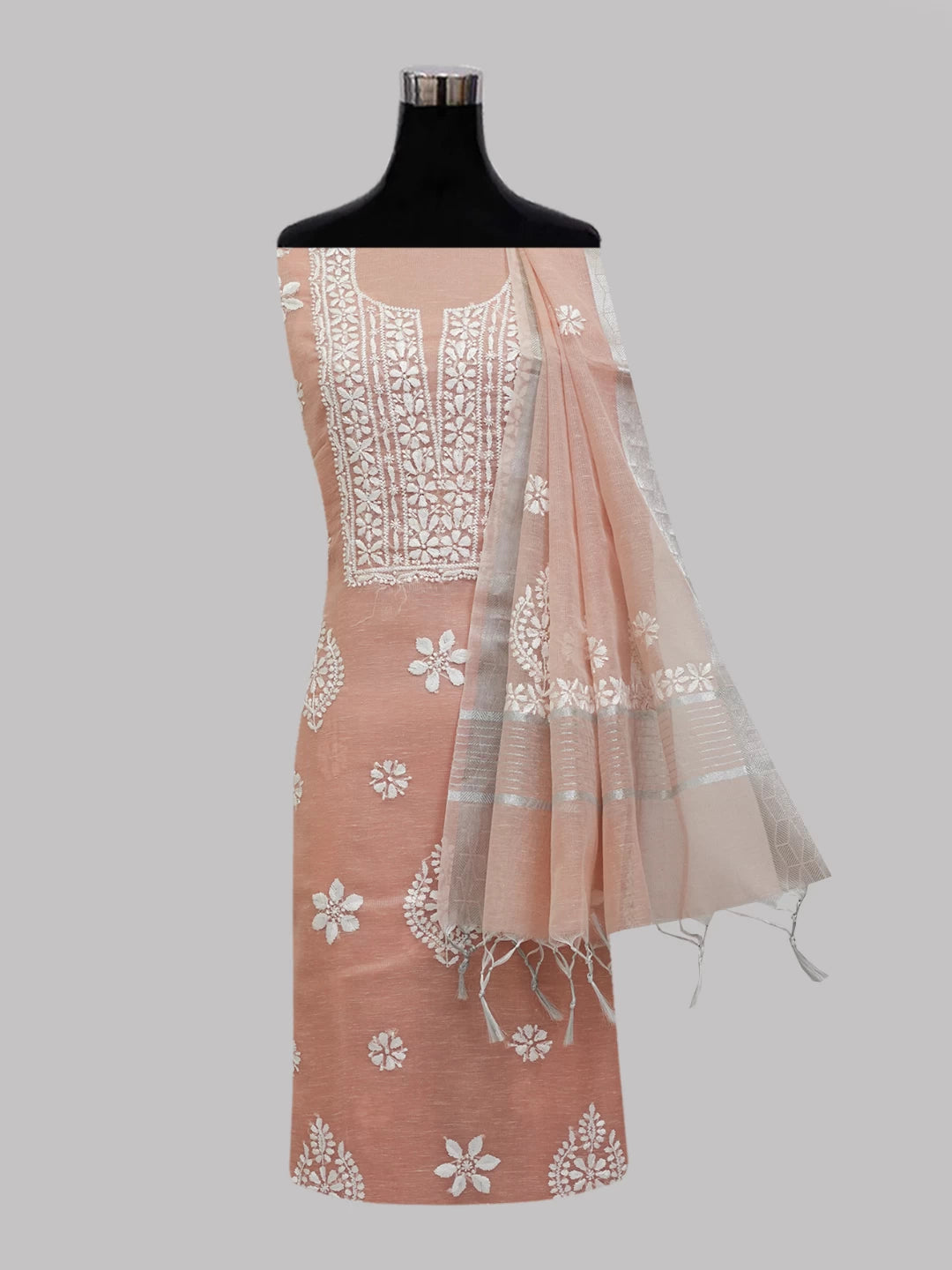 Ada Hand Embroidered Peach Tissue Lucknowi Chikankari Unstitched Kurta Dupatta Set 01A464384