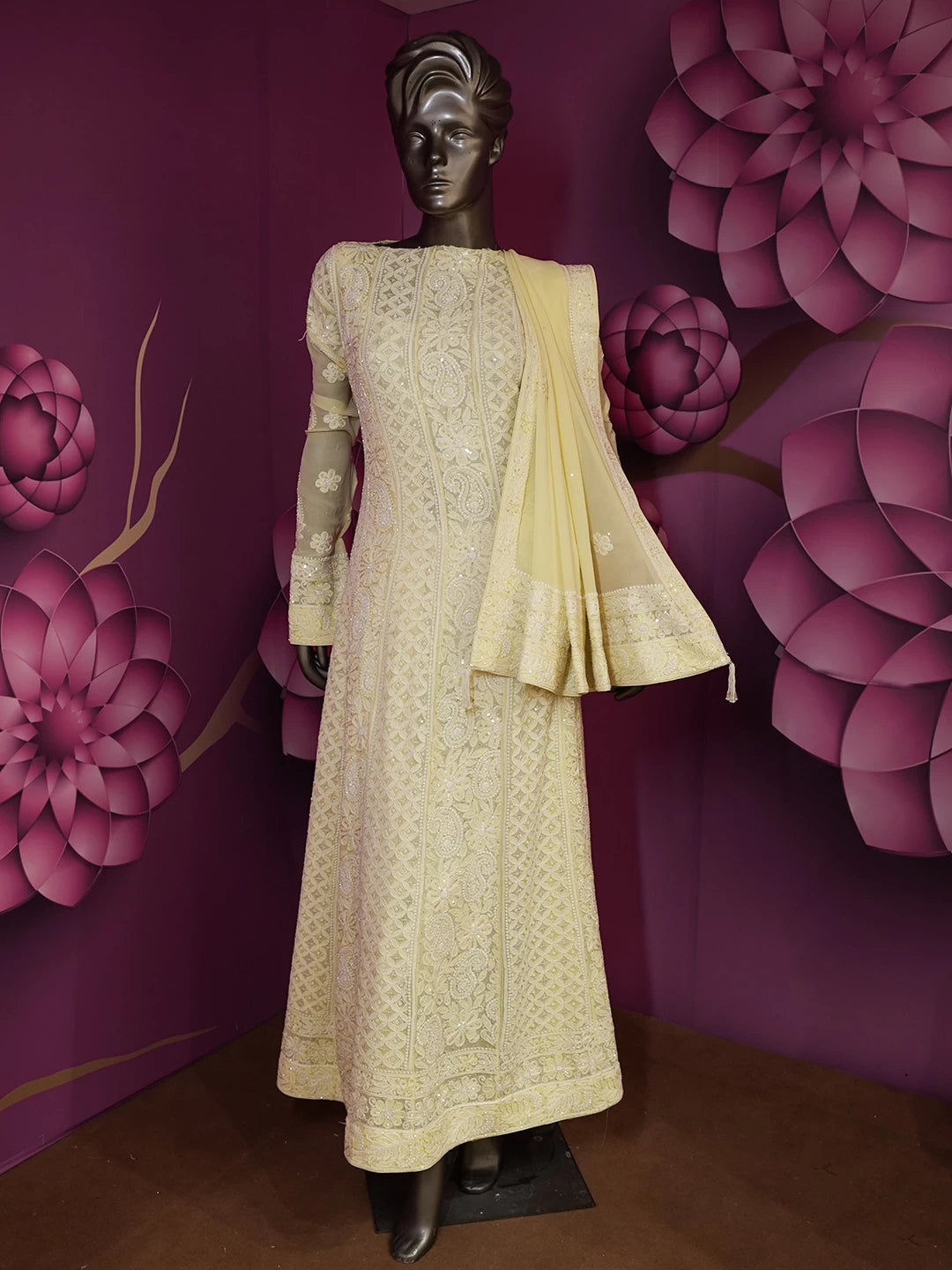 Ada Hand Embroidered Lemon Pure Georgette Lucknowi Chikankari Semi-Stitched Anarkali Kurta Dupatta Set With Cutdana Work 01A388232