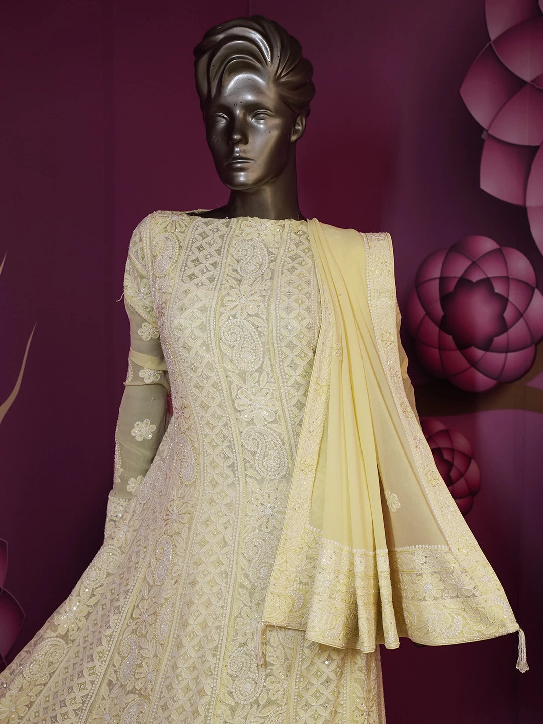 Ada Hand Embroidered Lemon Pure Georgette Lucknowi Chikankari Semi-Stitched Anarkali Kurta Dupatta Set With Cutdana Work 01A388232